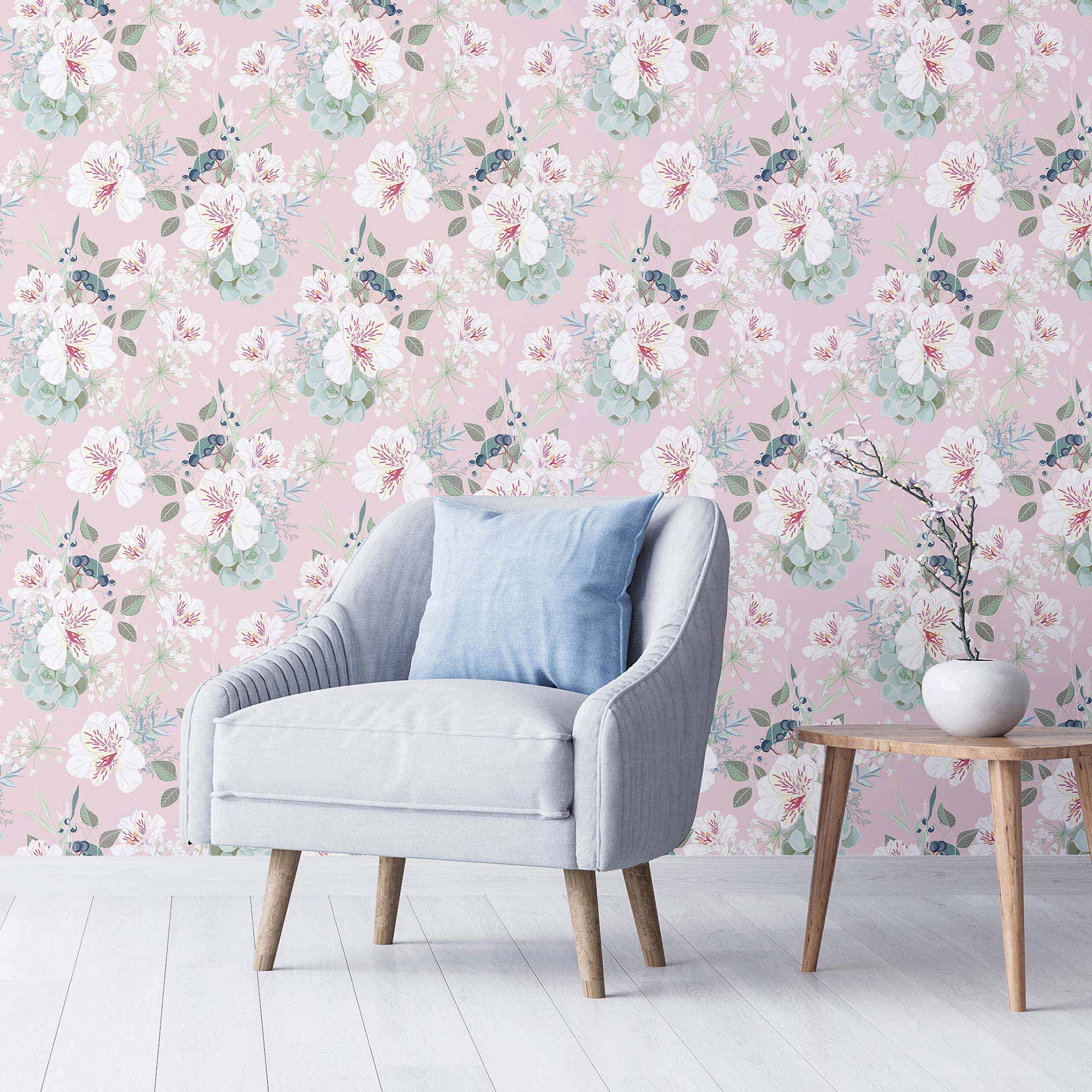 Pink Floral Peel and Stick Removable Wallpaper - Self-Adhesive Wall Decor for Bedroom, Living Room & Nursery - Easy to Apply & Remove - 1136 Design