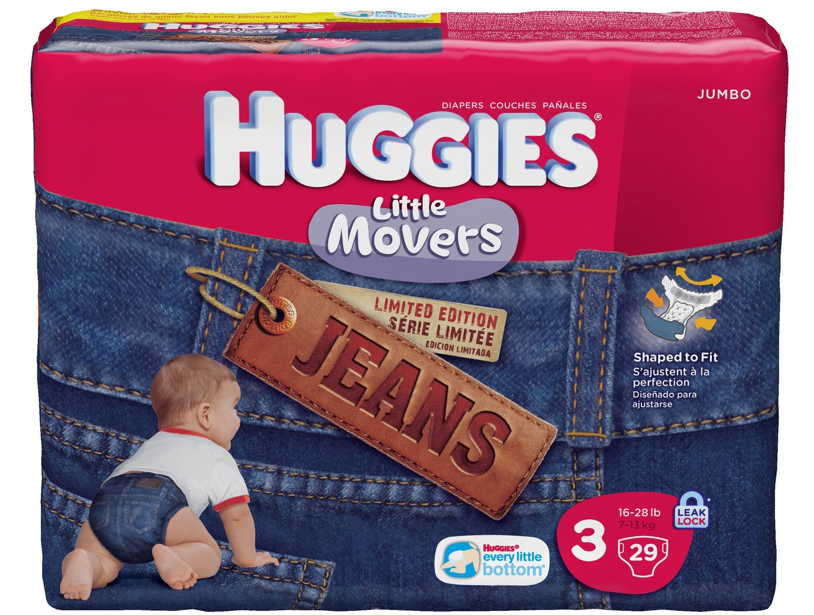 Huggies Little Movers Jean Diapers Size 3 - 29 Count | Premium Baby Diapers for Active Toddlers | Daytime & Overnight Protection
