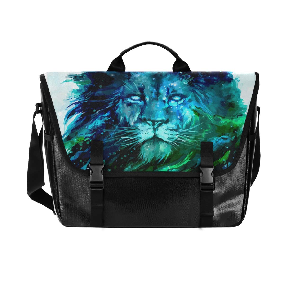 Waterproof Canvas Leather Messenger Bag for Laptop - 15.6 Inch Watercolor Cool Lion Design, Padded Adjustable Shoulder Strap - Perfect for Work, Travel & College Commute