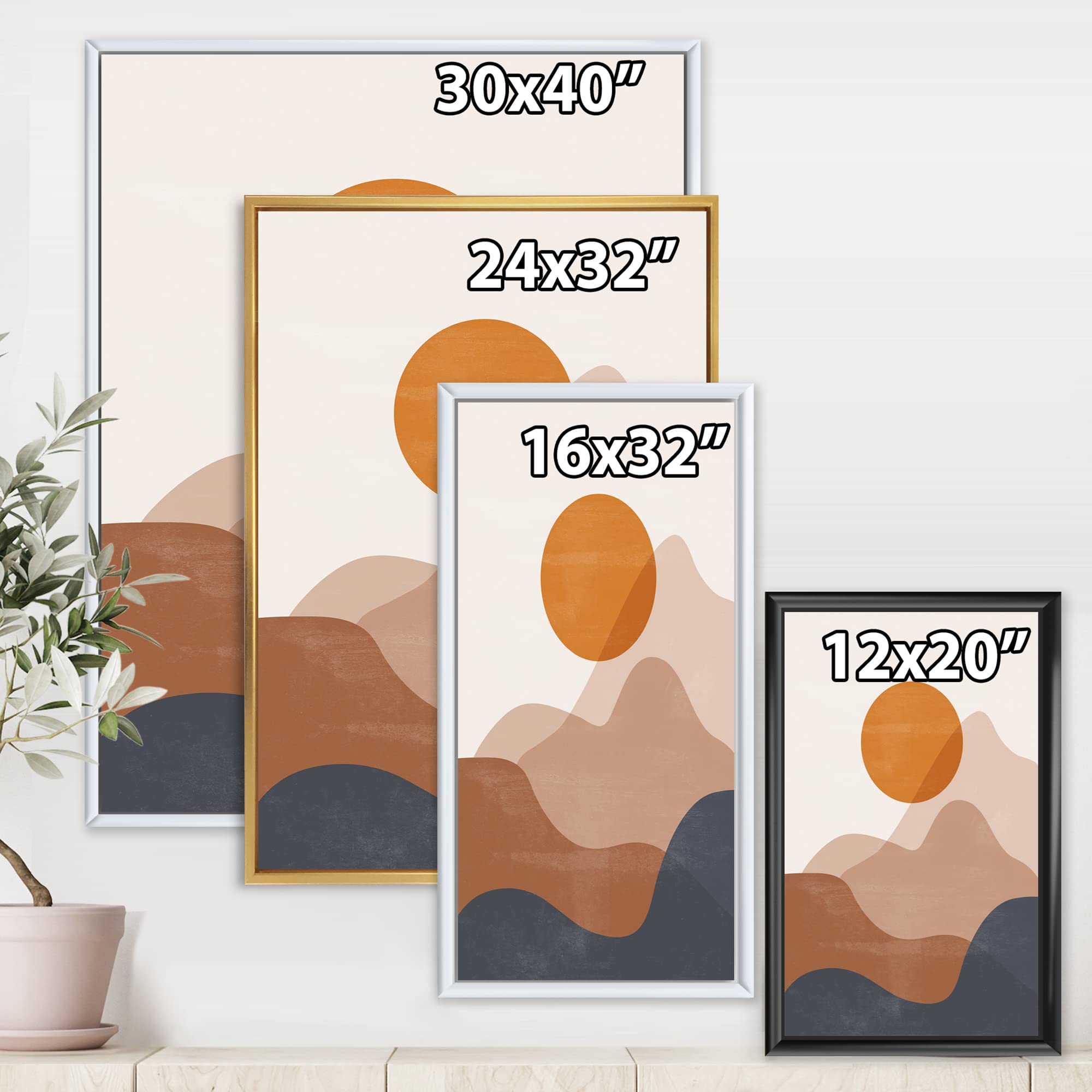 Abstract Red Moon In Earth Toned Mountains II - Modern Framed Canvas Wall Art Print for Living Room, Bedroom & Office Decor