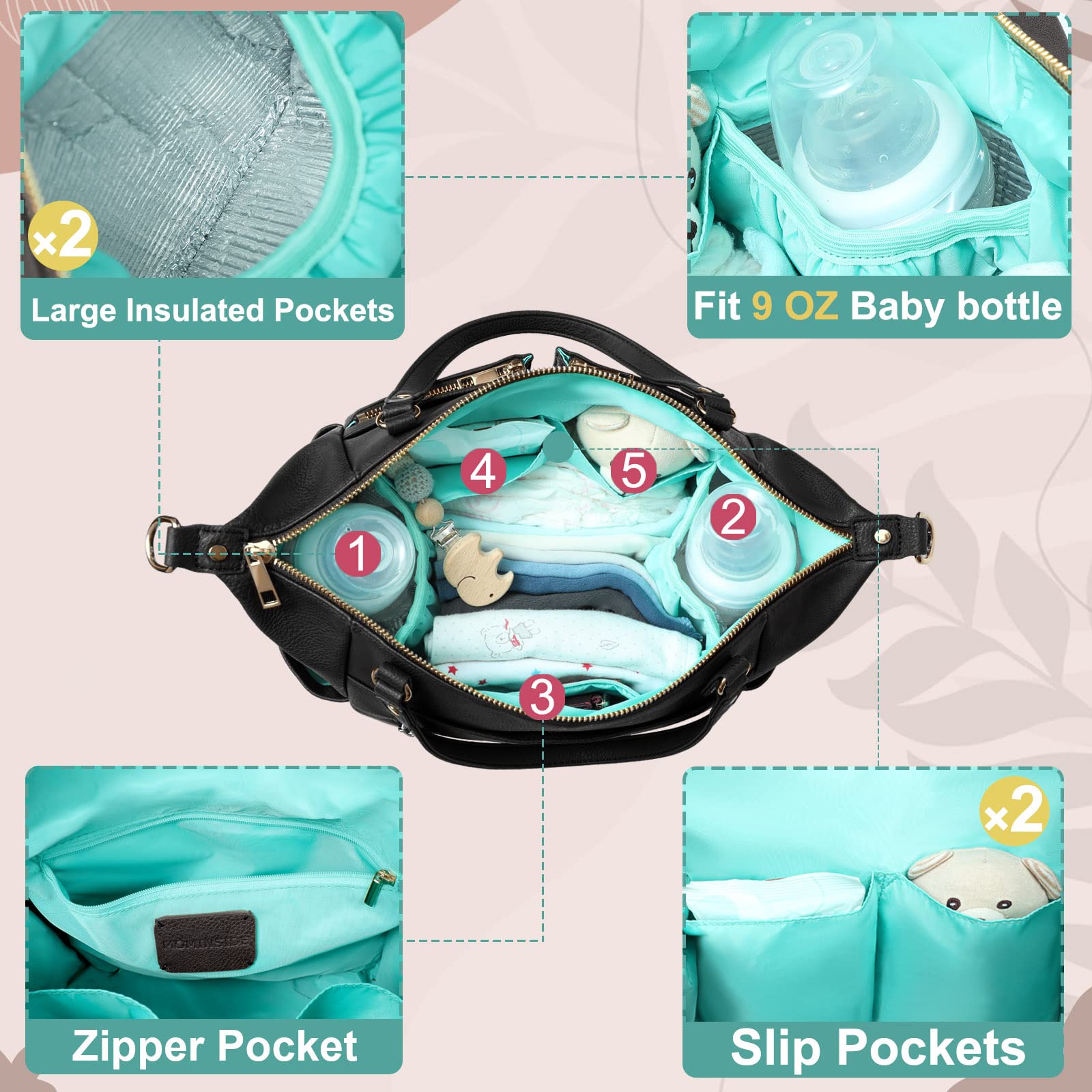 MOMINSIDE Mini Leather Diaper Bag with 13 Pockets - Compact Crossbody Baby Bag for Travel, Nursing & On-the-Go Moms | Perfect for Daycare, Shopping & Family Outings