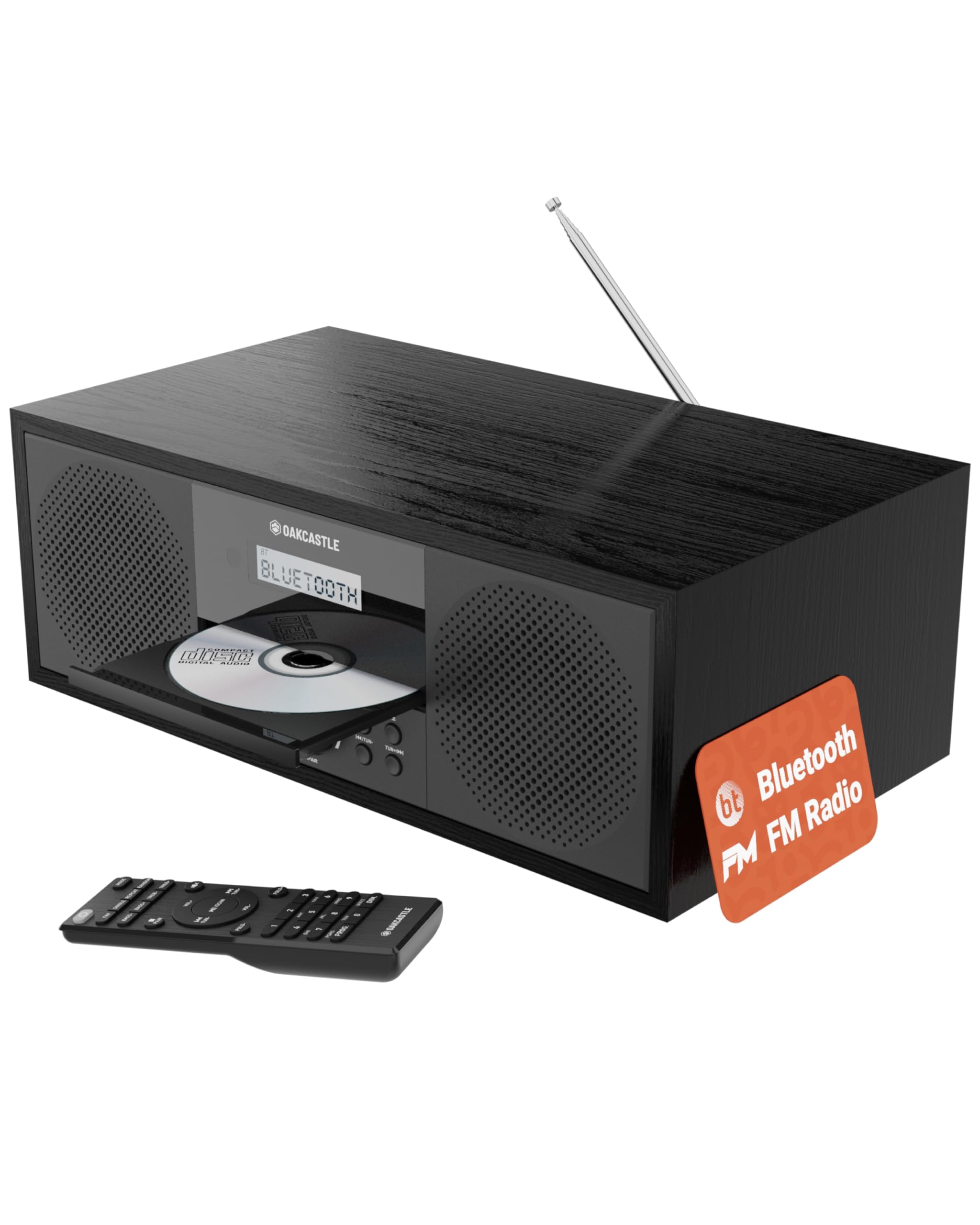 Oakcastle HIFI500 Bluetooth 5.2 Stereo System - 60W Powerful CD Player with Built-in Speakers & Remote Control | USB/AUX/FM Radio Playback | 30 Presets, Wooden Cabinet | Perfect for Home Theater, Living Room & Office Music Setup