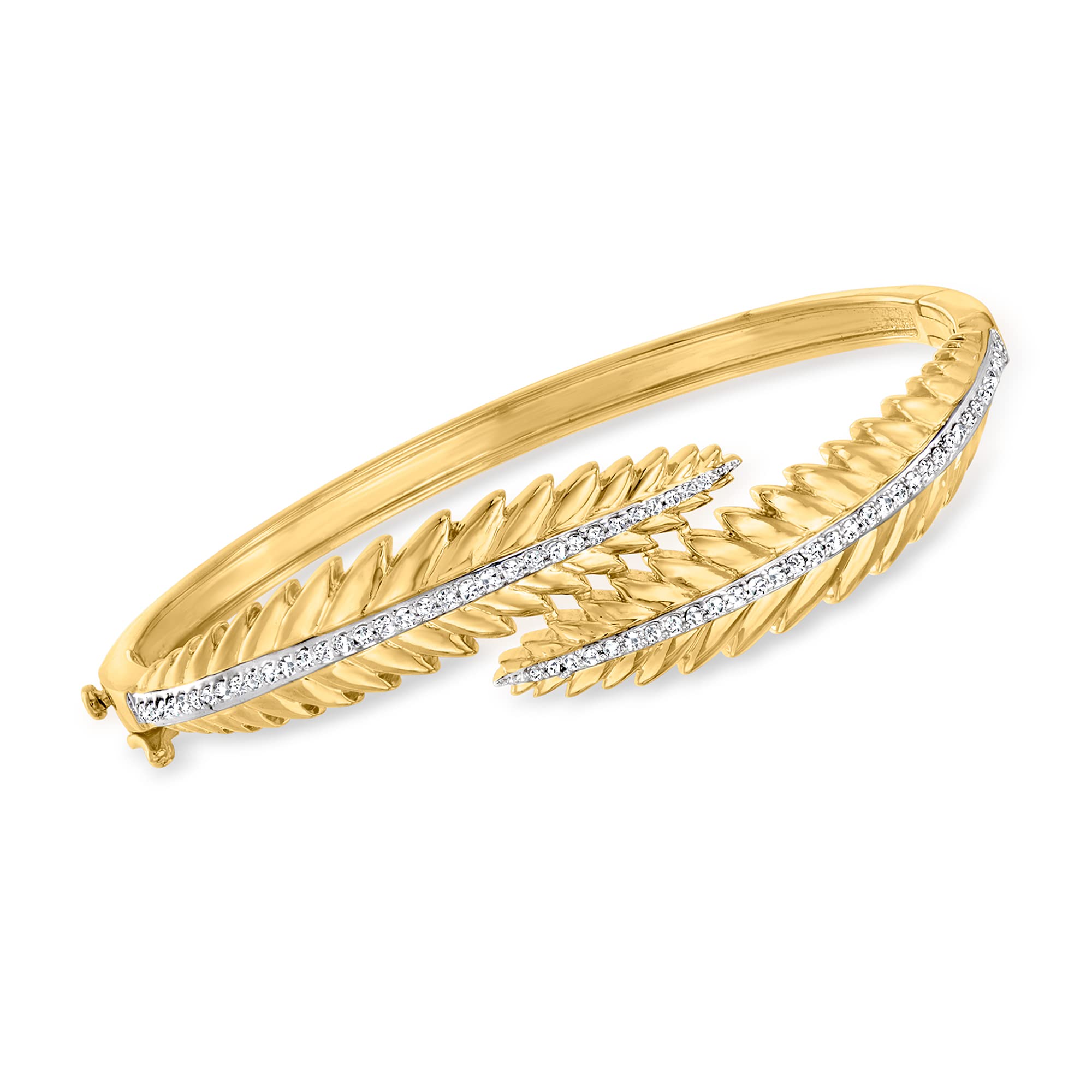 Ross-Simons 18K Gold Over Sterling Silver 0.50 Carat Diamond Feather Bypass Bangle Bracelet - 7 Inch Elegant Jewelry for Women, Perfect for Weddings, Anniversaries & Special Occasions