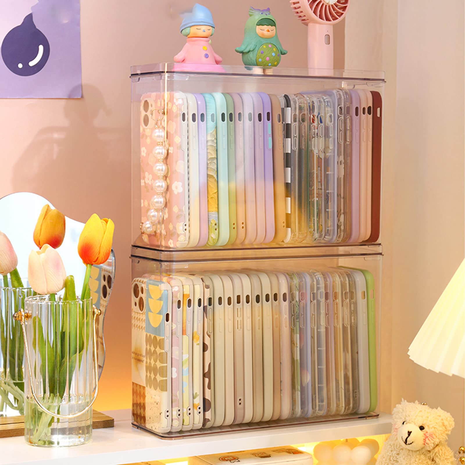 FABROK Clear Plastic Phone Case Organizer with Lid - Multifunctional Storage Box for iPhone Samsung Cases - Perfect for Desk, Cupboard & Cabinet Organization (Home & Office Use)