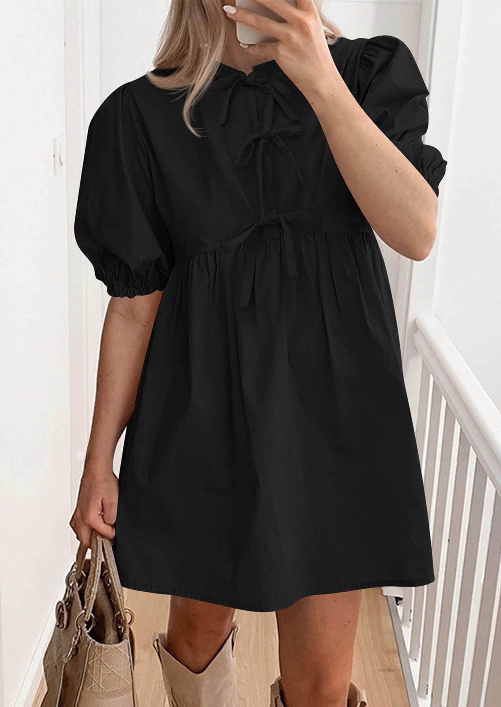 PRETTYGARDEN Women's Summer Casual Short Sleeve Dress - A-Line Bow Tie Front Babydoll Mini Dress with Pockets | Loose Fit Cute Flowy Dress for Beach, Vacation & Daily Wear