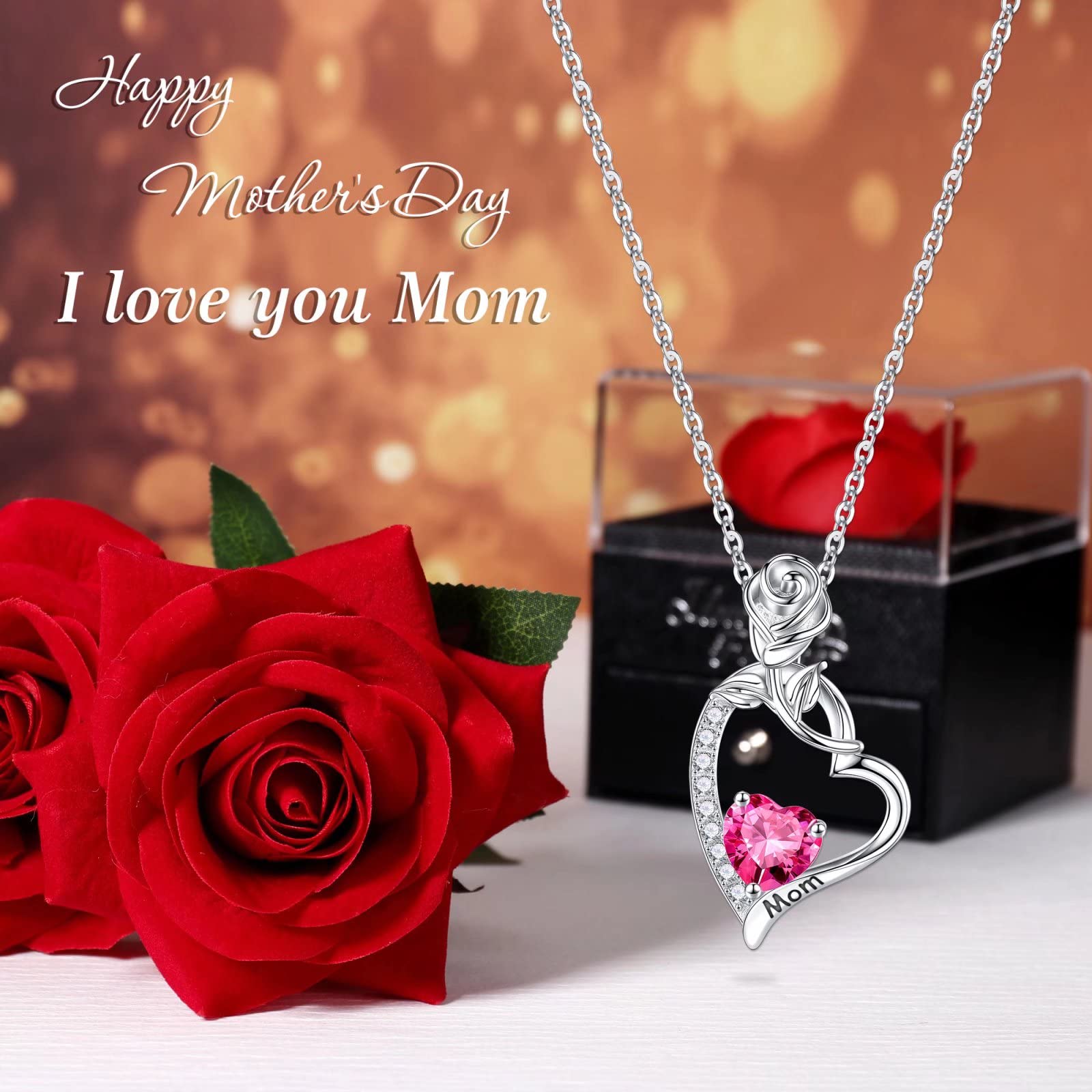 925 Sterling Silver Mo Rose Heart Birthstone Necklace with Preserved Rose Flower - Perfect Mother's Day, Christmas, Birthday Gift for Mom from Daughter or Son - Ideal for Special Occasions and Everyday Elegance