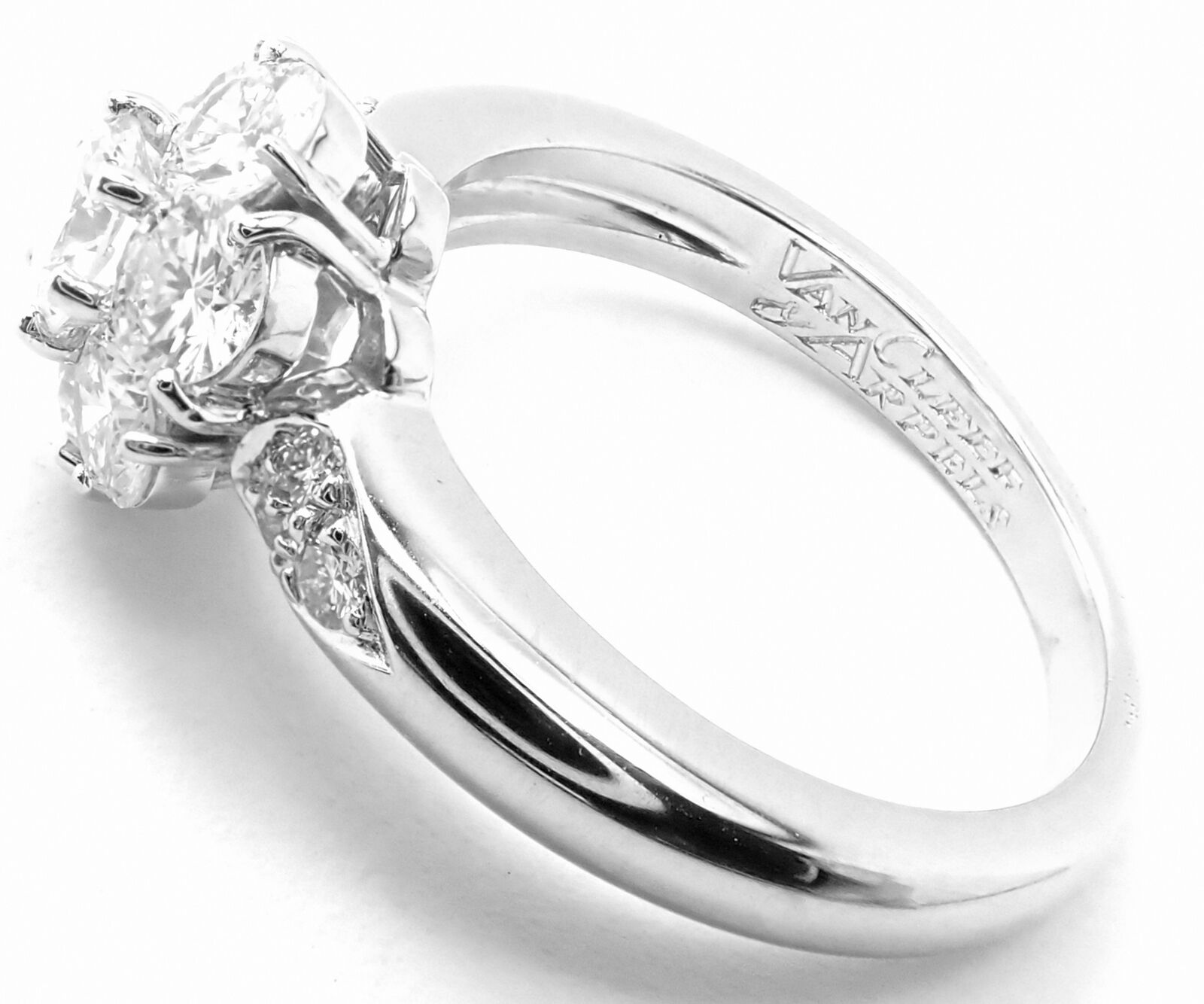 Authentic Van Cleef & Arpels Platinum Diamond Fleurette Flower Ring - Luxury Jewelry for Weddings, Anniversaries & Special Occasions