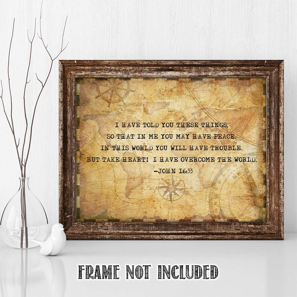 Inspiring John 16:33 Bible Verse Wall Art - 11x14 Christian Scripture Print for Home Decor, Religious Gift for Women & Family - Perfect for Bedroom, Office & Church (Compass Design)