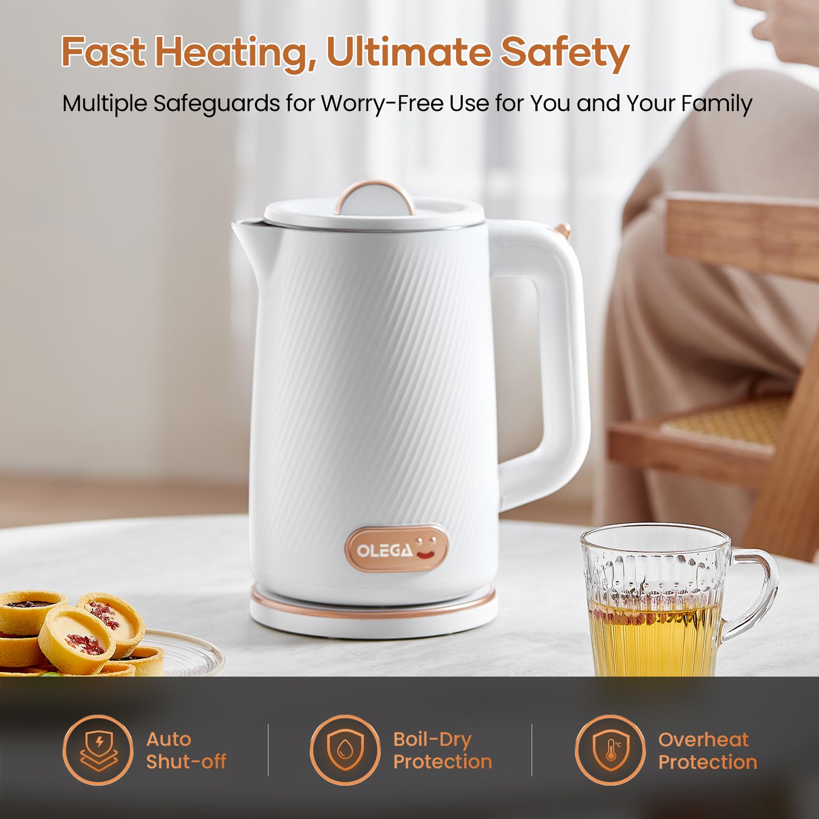 OLEGA 1500W Electric Kettle - 1.8L Stainless Steel Fast Boiling Water Kettle with Auto Shut Off & Boil-Dry Protection - Perfect for Coffee, Tea, and Instant Noodles - Ideal for Home, Office, and Dorm Use