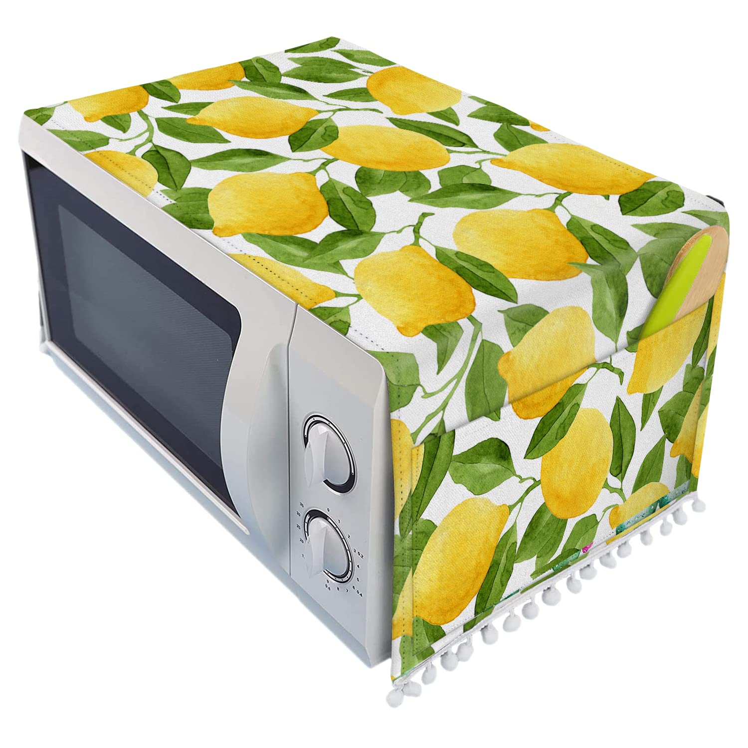 Watercolor Lemon Microwave Cover - Dust & Oil Proof Linen Fabric Protector with Side Pockets (11.8
