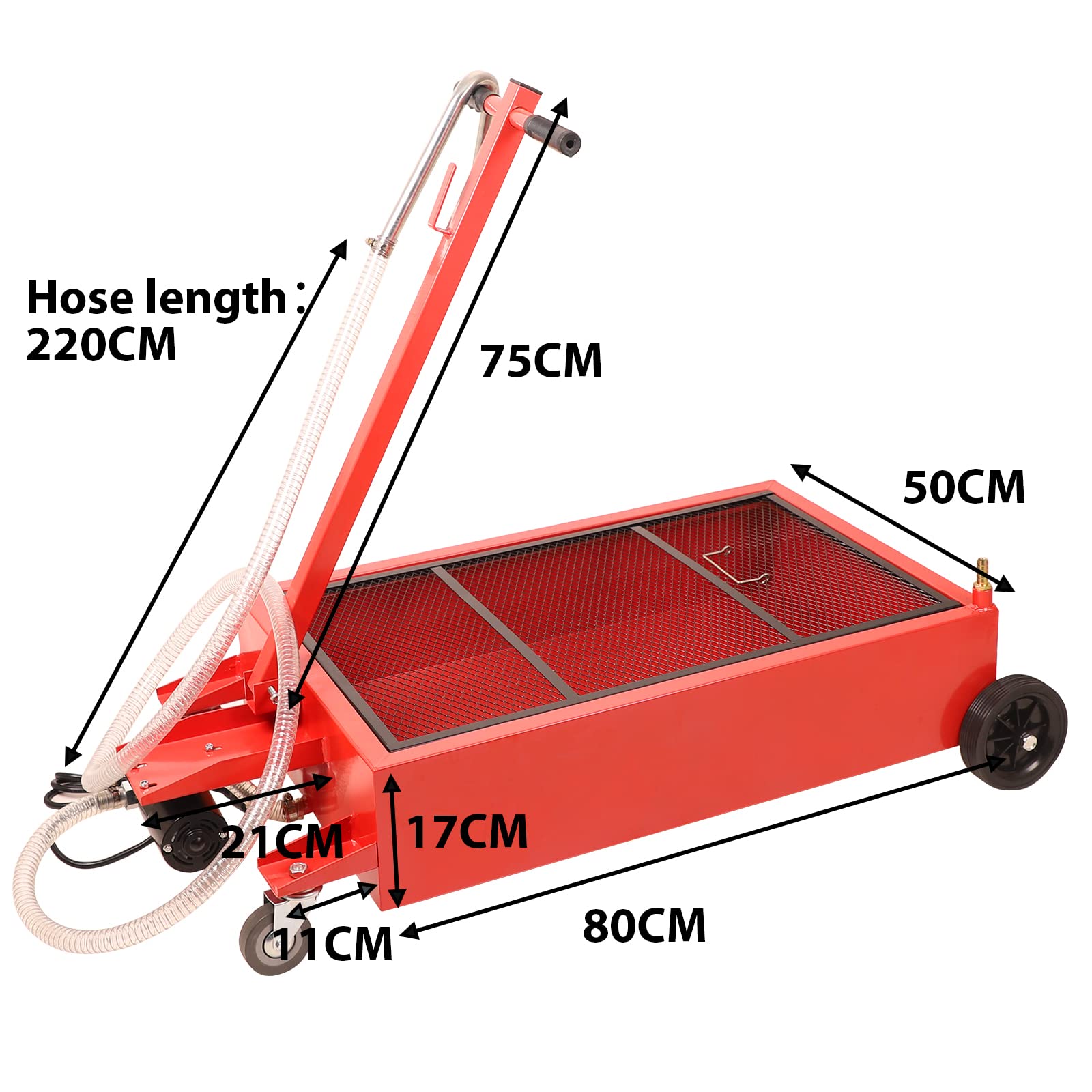 17 Gallon Low Profile Roll Around Oil Drain Pan with 110V Electric Pump & 8ft Hose - Heavy Duty Oil Change Kit for Trucks, Cars, SUVs (Red) - Ideal for DIY Mechanics & Professional Auto Shops