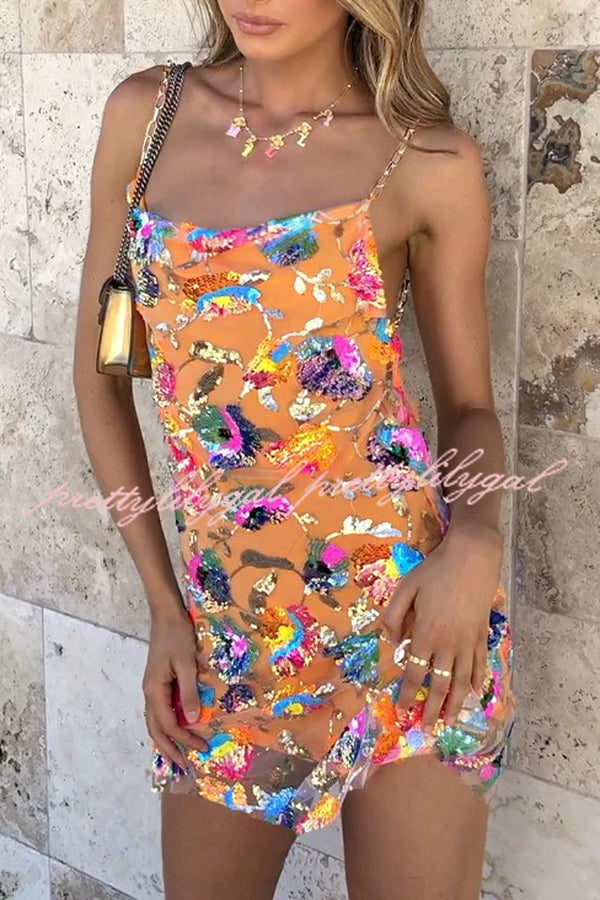 Elegant Round Neck Backless Sequin Floral Chain A-Line Mini Dress for Women - Perfect for Cocktail Parties, Night Out & Special Occasions