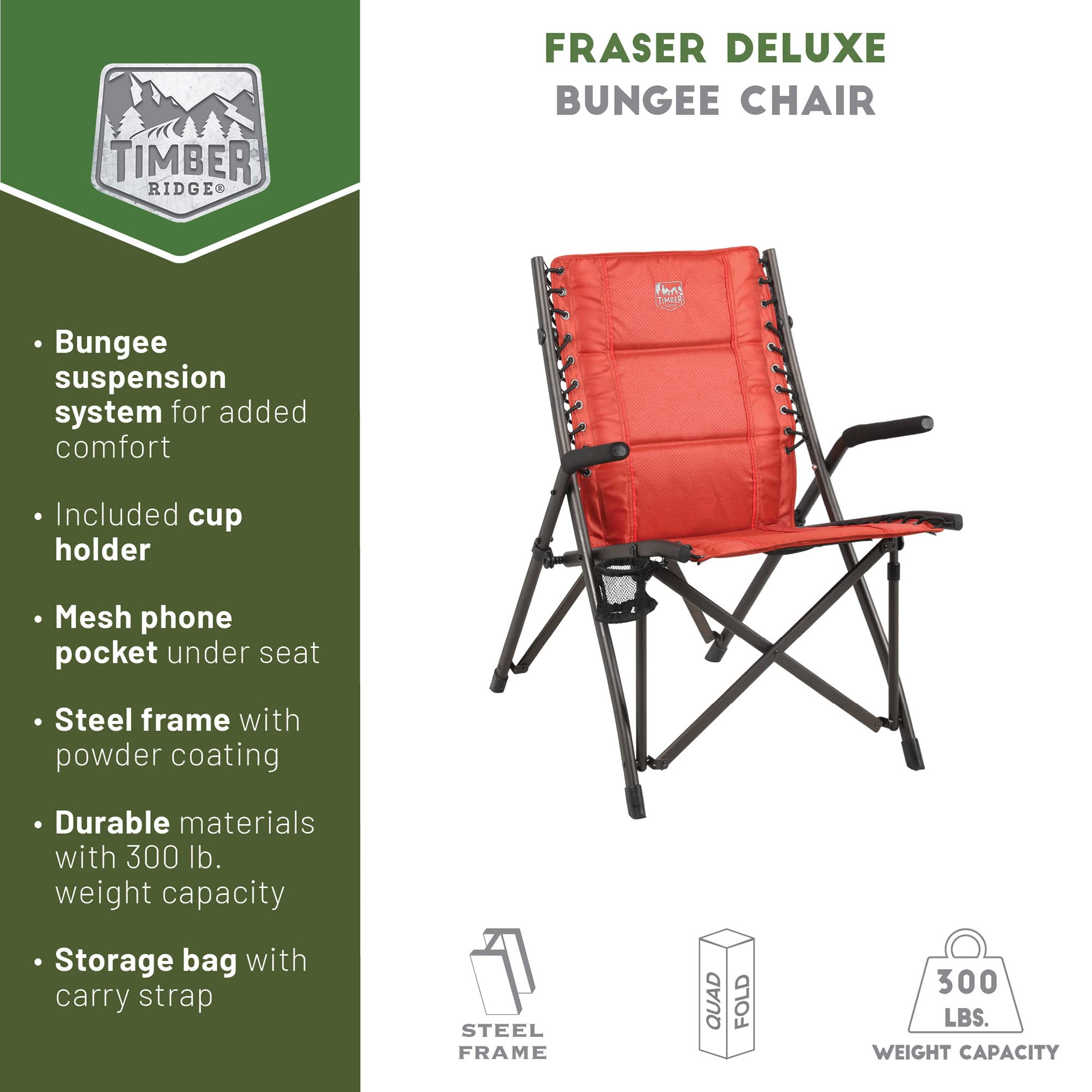 TIMBER RIDGE Heavy Duty Folding Camping Chair for Adults - 300 lbs Weight Capacity, Padded Seat with Armrests & Cup Holder, Portable Collapsible Outdoor Chair for Camping, Beach, Fishing, Picnics, Backyard, Lawn & Tailgating - Red