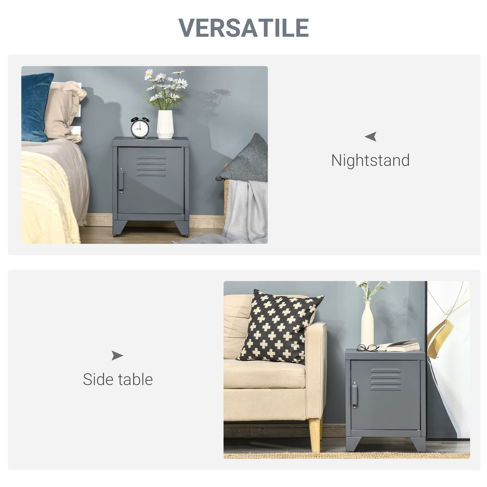HOMCOM Industrial End Table with Locker-Style Door & Adjustable Shelf - Modern Grey Side Table for Living Room, Bedroom & Office - Perfect for Small Space Storage & Home Decor