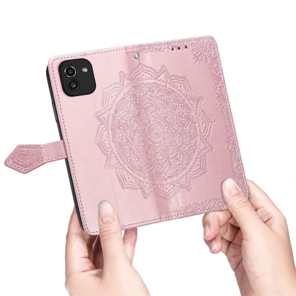 Samsung Galaxy A03 Case 5G - Leather Wallet Flip Cover with Magnetic Closure, Shockproof Protection, Card Slots & Stand Feature | Perfect for Daily Use, Travel & Business (SD Mandala Rose Gold)