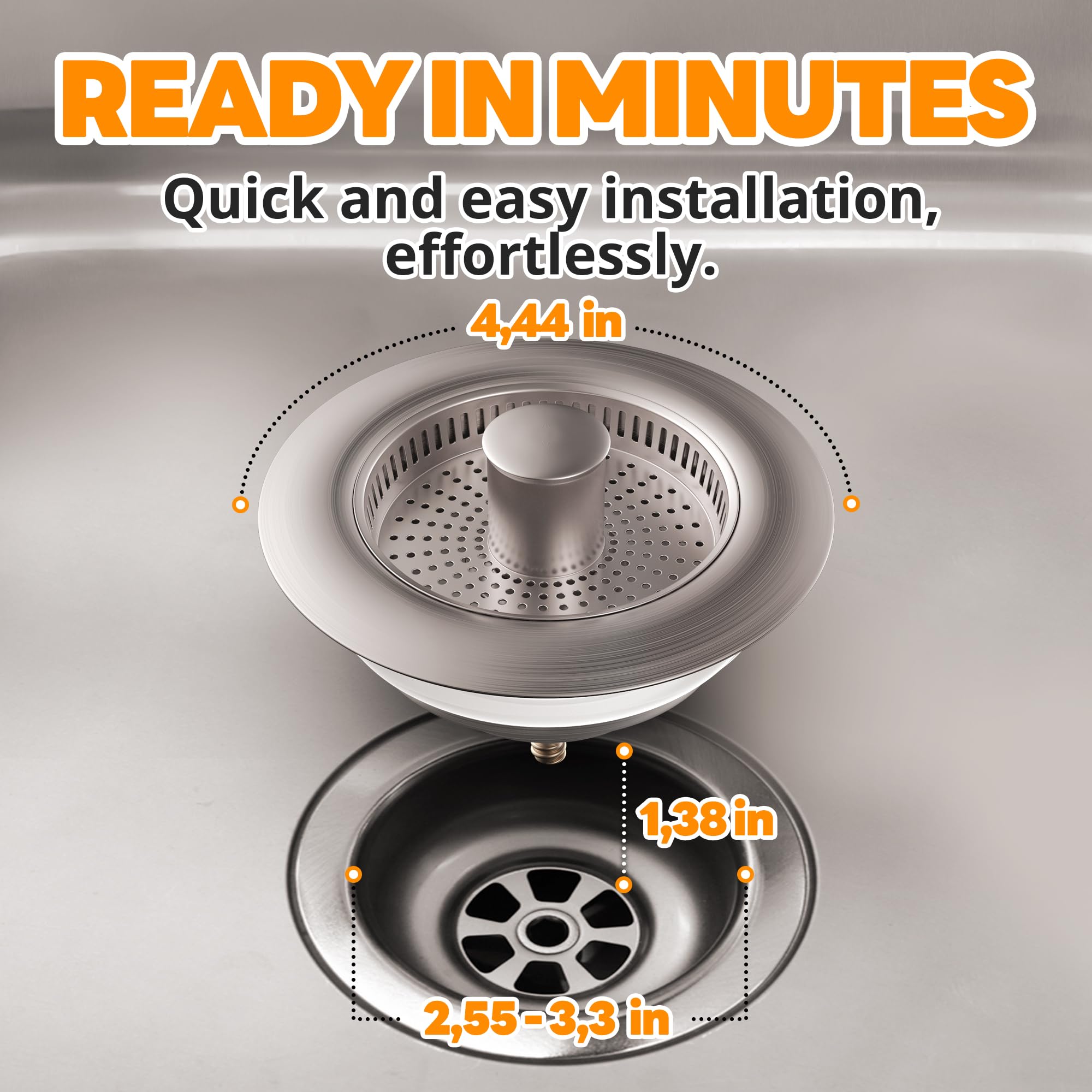 3-in-1 Kitchen Sink Drain Strainer with Leak-Proof Seal - Durable Stainless Steel Sink Stopper for Easy Installation & Cleaning - Perfect for Washing Dishes, Fruits & Vegetables in Standard Kitchen Sinks