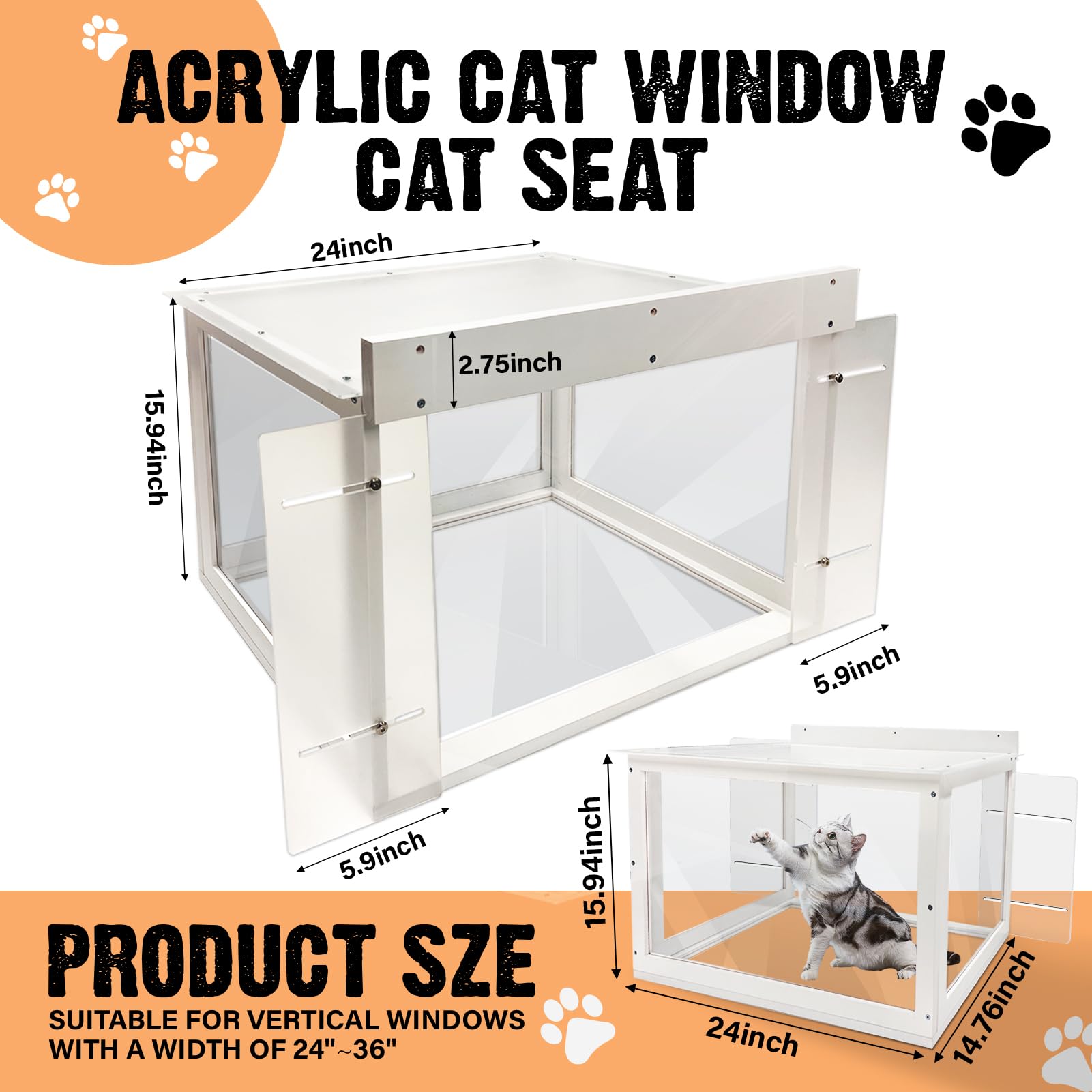 Acrylic Cat Window Catio - Outdoor Cat Enclosure with Wooden Frame & Waterproof Clear Roof - Perfect for Sunbathing, Napping & Bird Watching - Indoor/Outdoor Cat Window Perch for Safe Outdoor Enjoyment - Ideal for Apartments, Balconies & Backyards