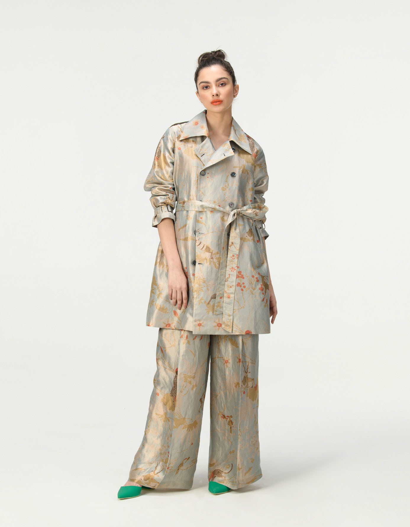 Elegant Ice Blue Silk Brocade Trench Coat - Vintage Inspired Women's Outerwear for Formal Events & Evening Occasions