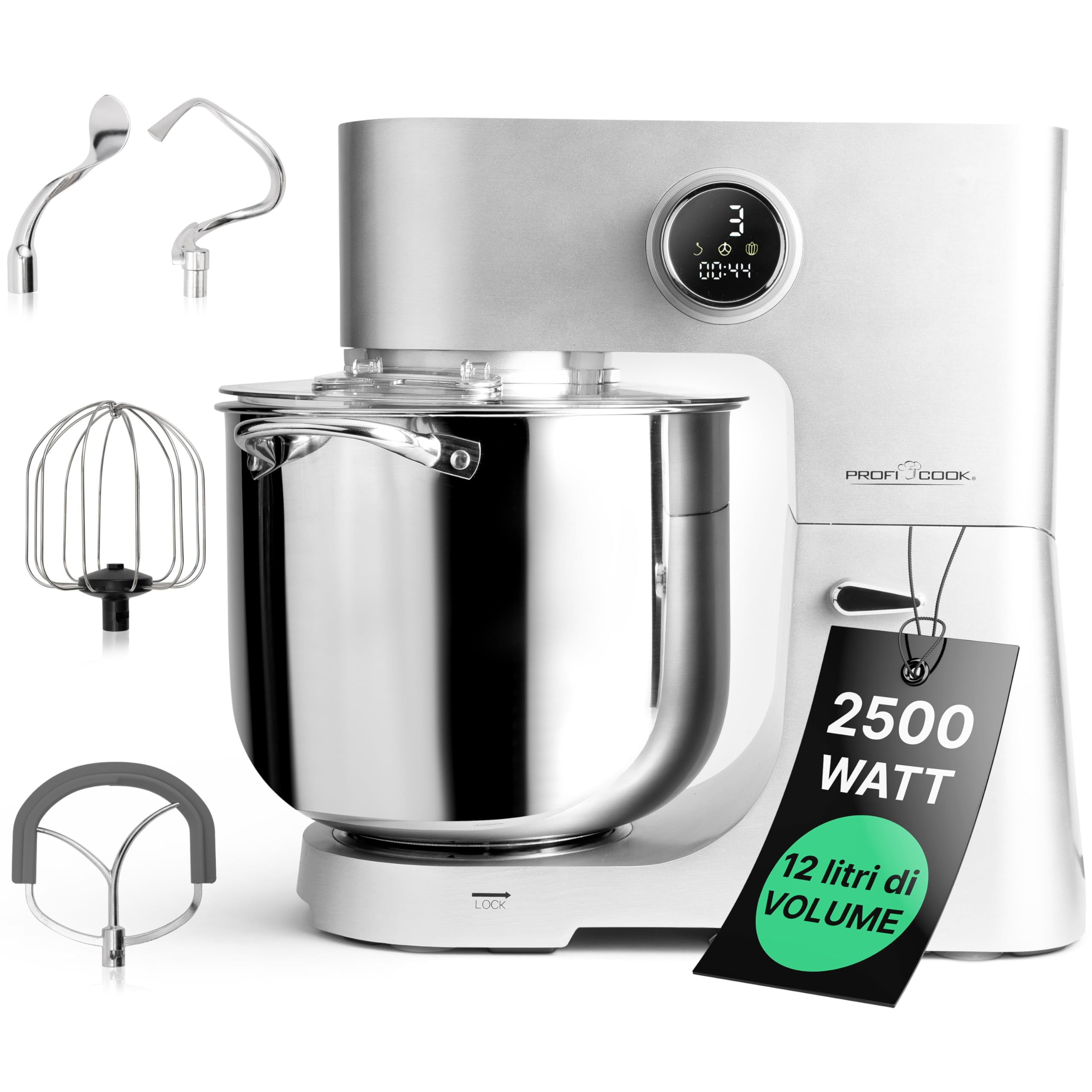 ProfiCook® 12L XXL Stainless Steel Food Processor with 2500W Longlife Motor | Heavy-Duty Dough Mixer with Metal Gears & LED Display | Handles Up to 8.5kg Dough | Perfect for Baking, Pizza Making & Large Batch Cooking (PC KM 1254)