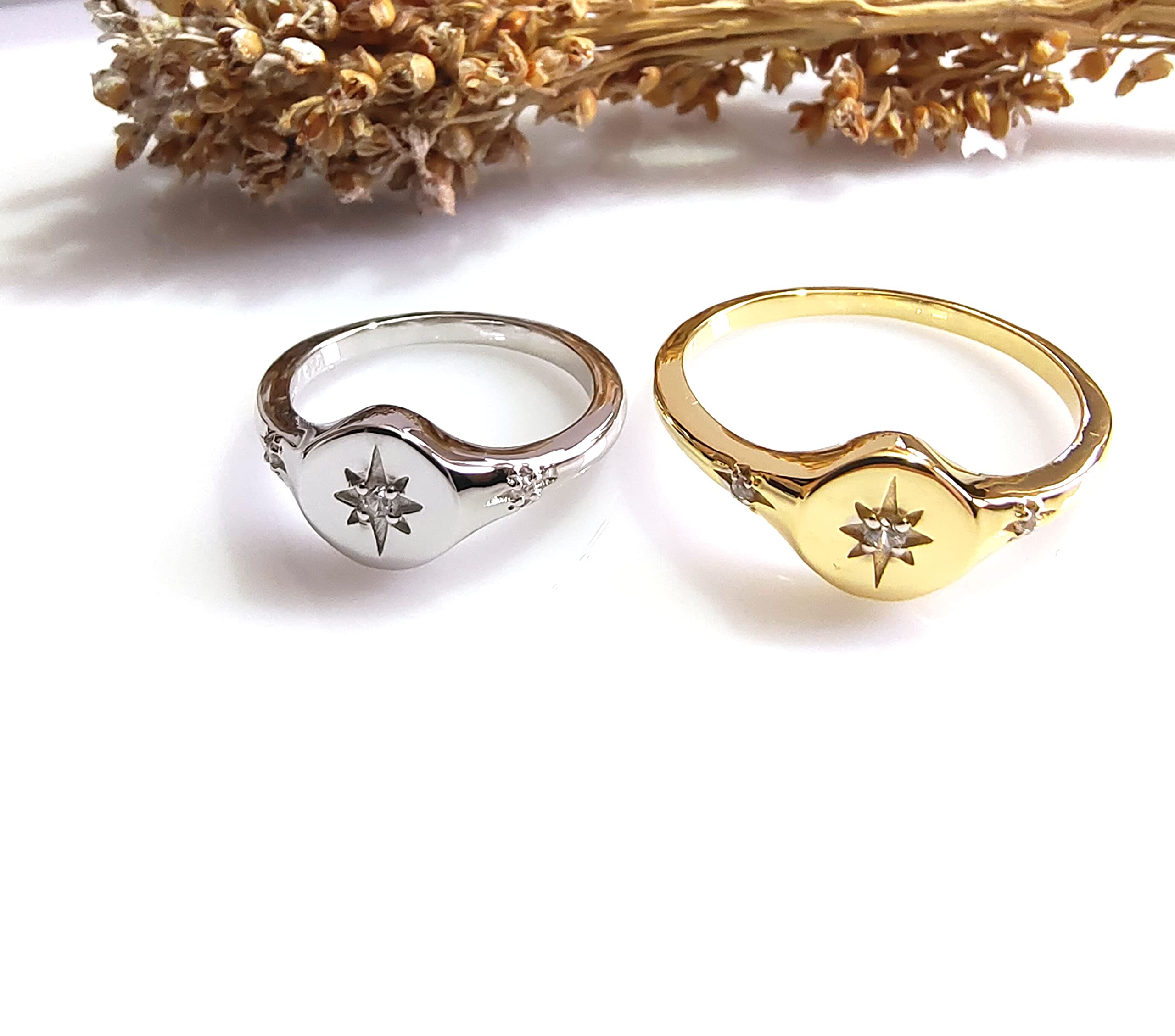 Rose Gold Sterling Silver Signet Ring with CZ Stones - Unique North Star & Polaris Celestial Design for Men & Women - Perfect for Gifts, Weddings, and Everyday Elegance