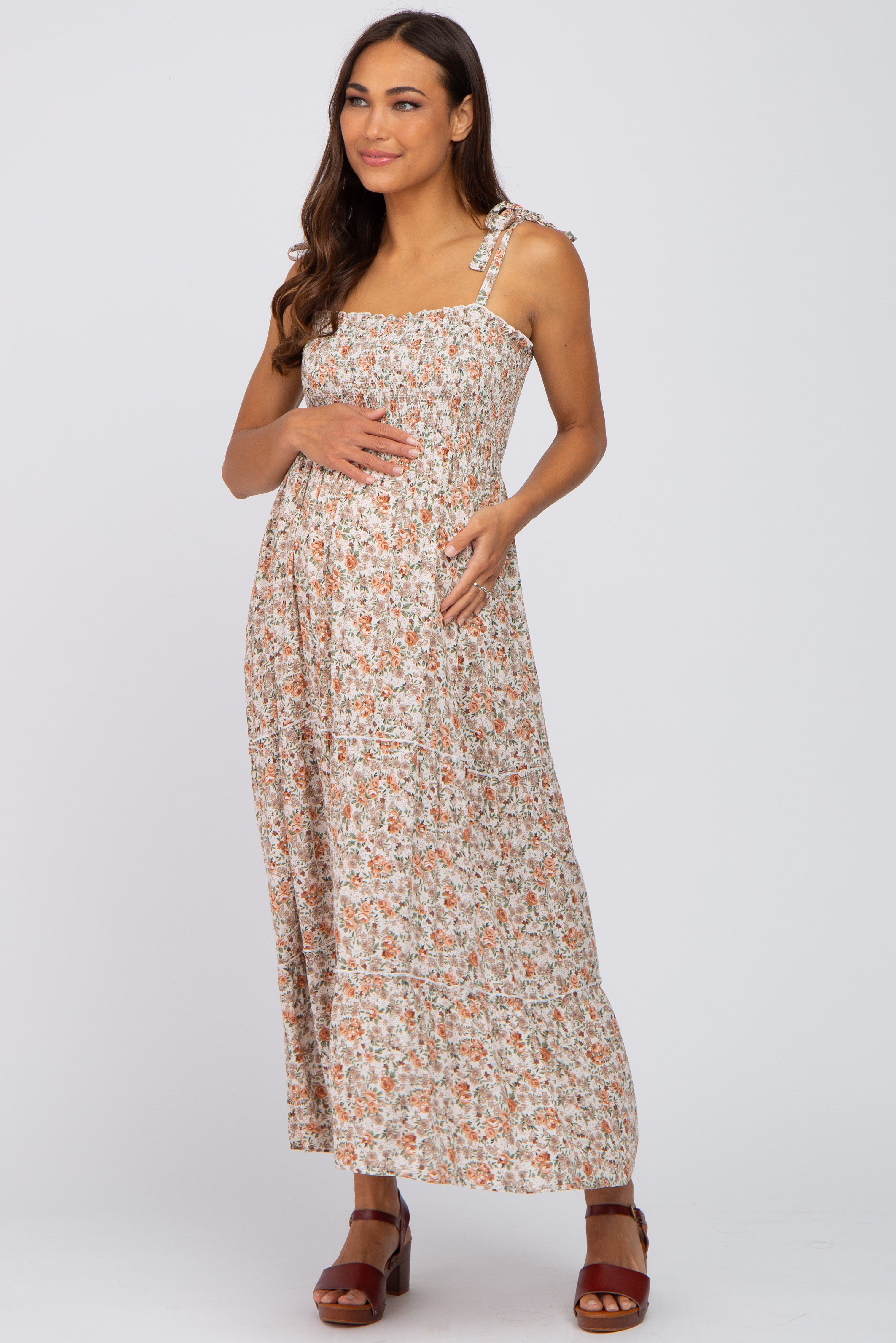 Beige Floral Sleeveless Tiered Maternity Maxi Dress for Pregnancy - Comfortable Summer Maternity Dress for Baby Shower, Beach Vacation & Photoshoots