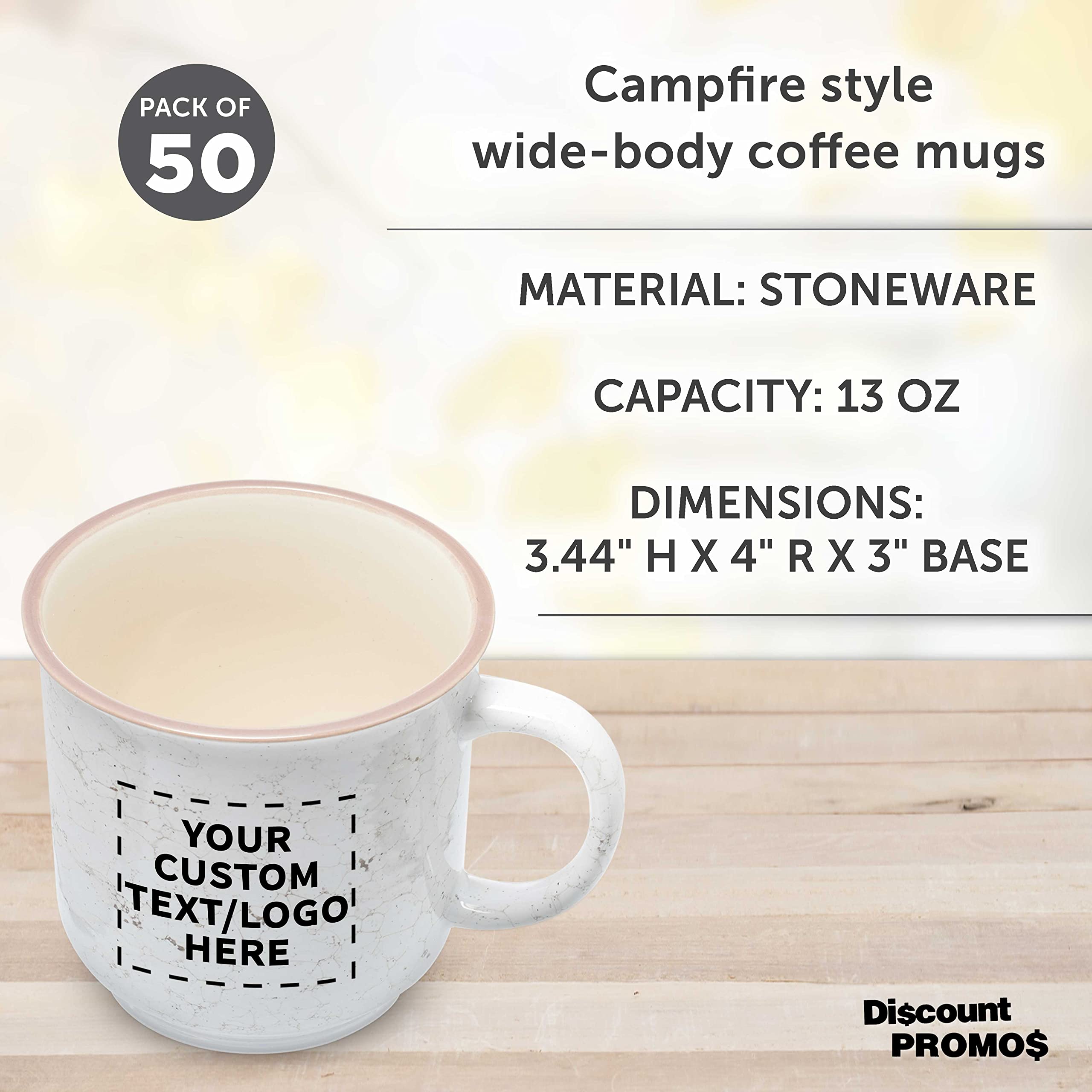 Custom Marble Campfire Coffee Mugs 13 oz (Set of 50) - Bulk Personalized Ceramic Mugs for Coffee, Tea, Espresso & Hot Cocoa - White - Perfect for Camping, Picnics & Outdoor Gatherings
