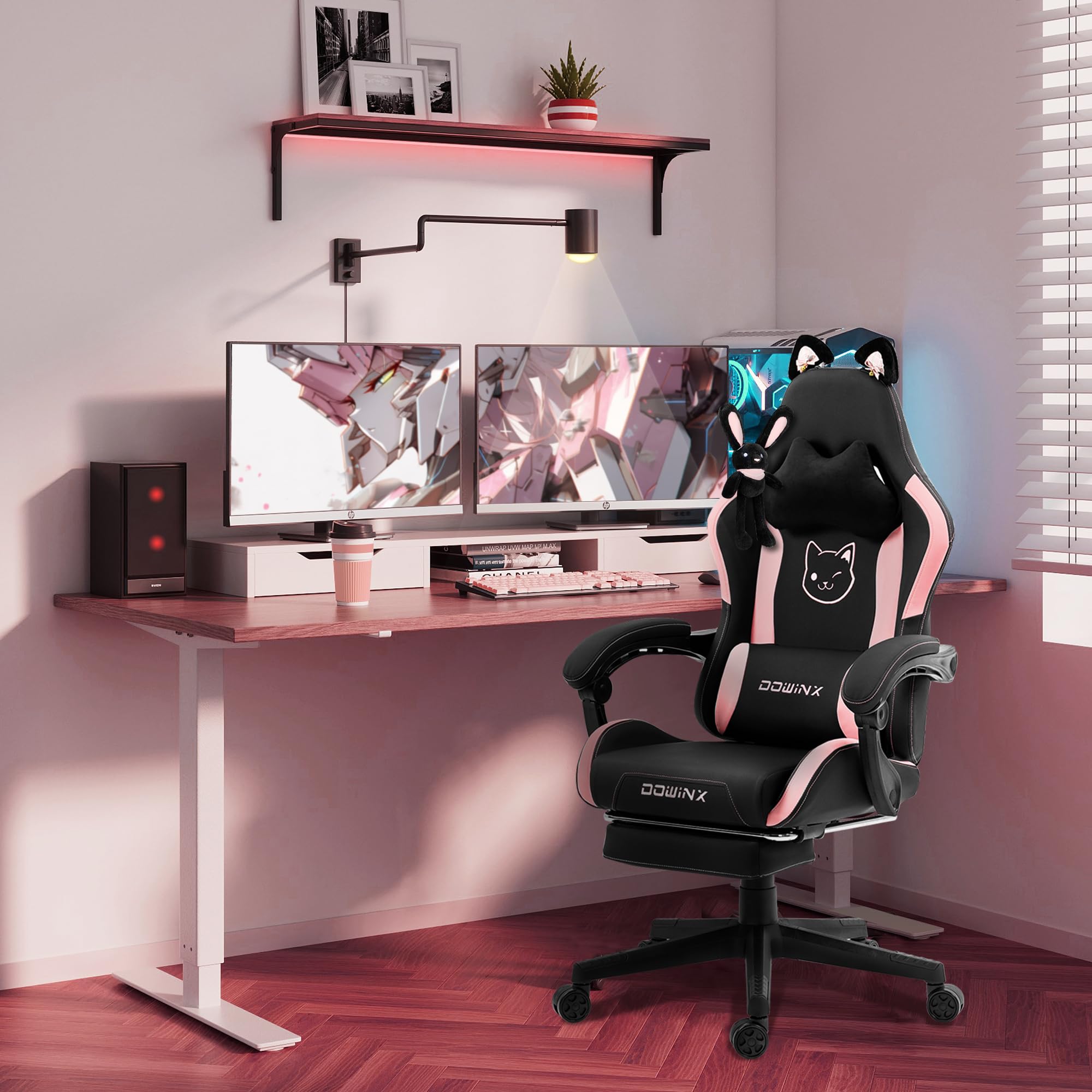 Dowinx Sweet Cat Edition Ergonomic Gaming Chair - High Back PU Leather Computer Chair with Lumbar Support & Footrest, Black - Perfect for Gaming, Office Work & Home Comfort