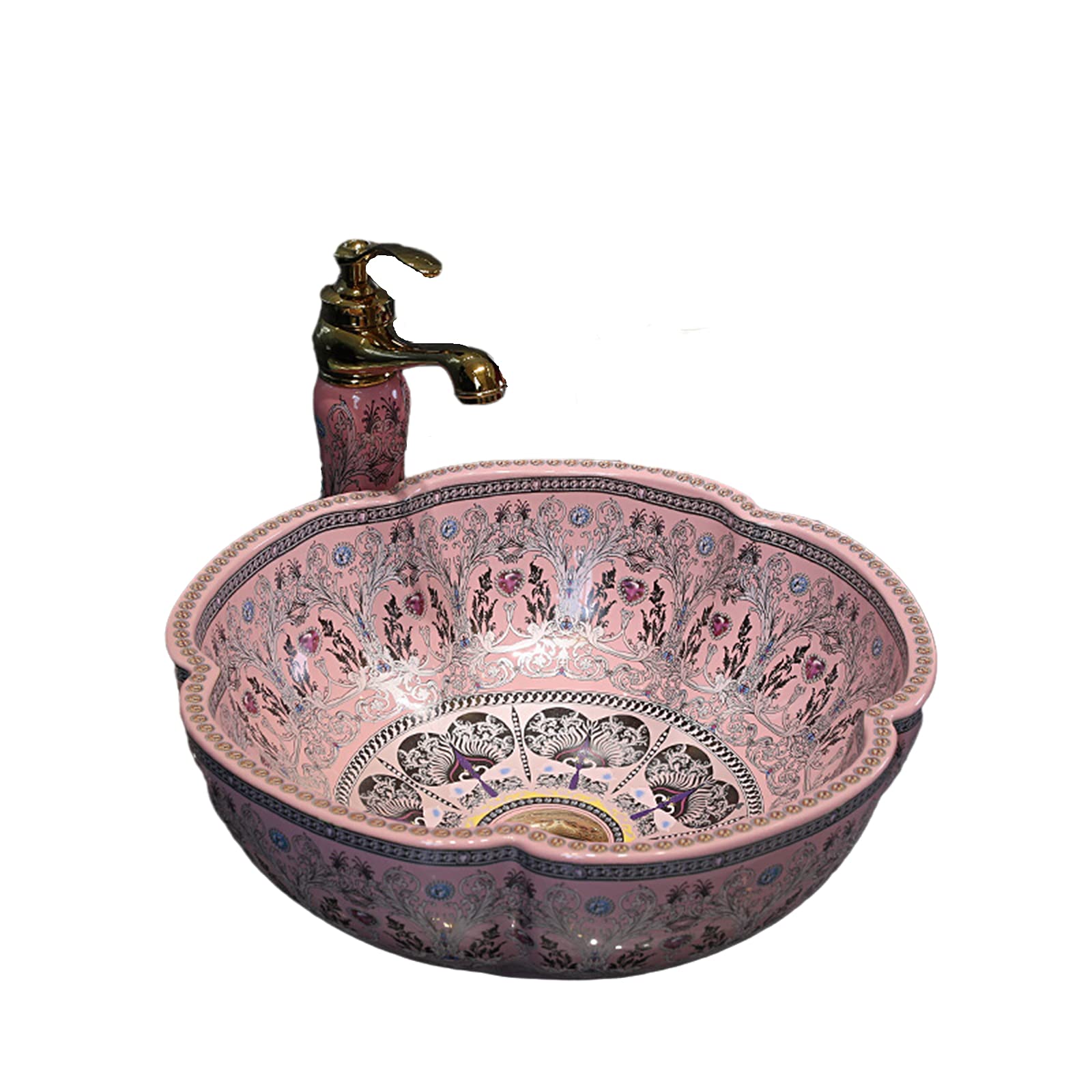 European Style Pink Lucky Flower Ceramic Vessel Sink - Modern Above Counter Bathroom Vanity Sink for Powder Room, Guest Bath & Master Bathroom Decor