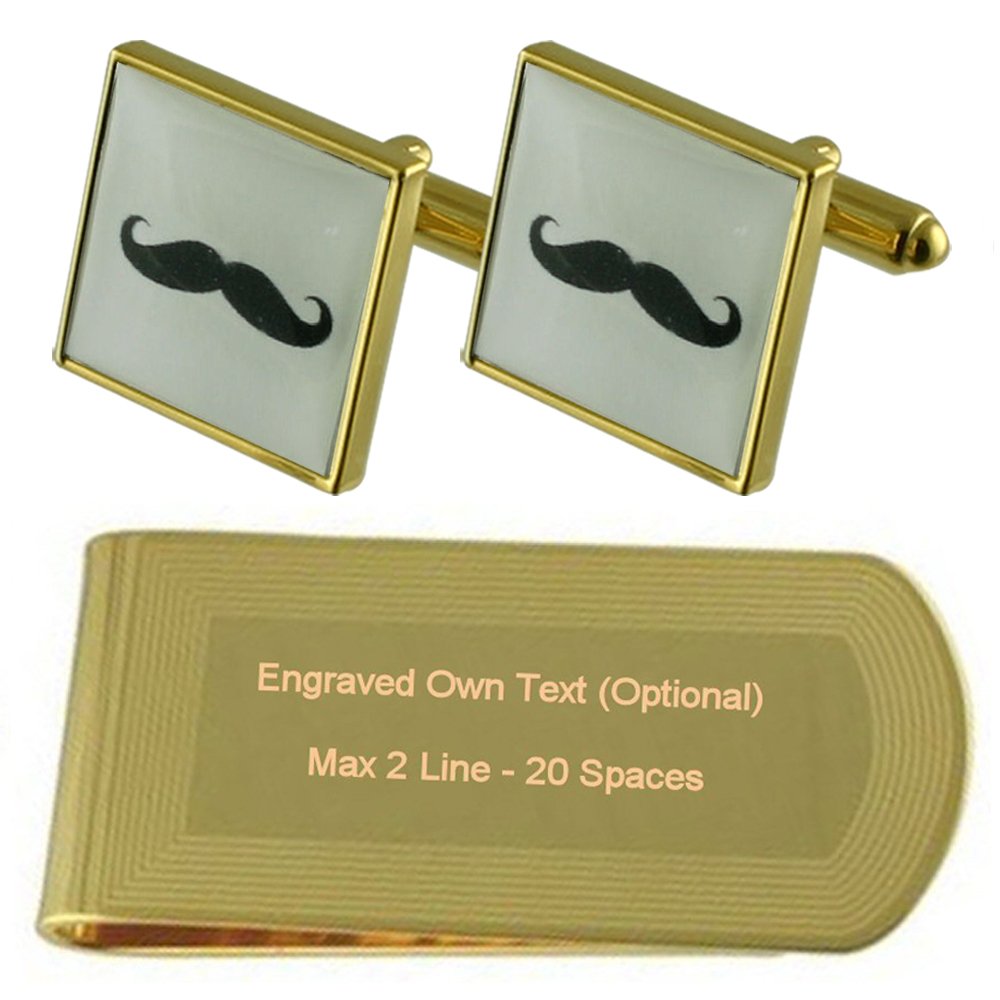 Elegant Gold-Tone Moustache Cufflinks & Money Clip Engraved Gift Set for Men - Perfect for Weddings, Business Events & Formal Occasions