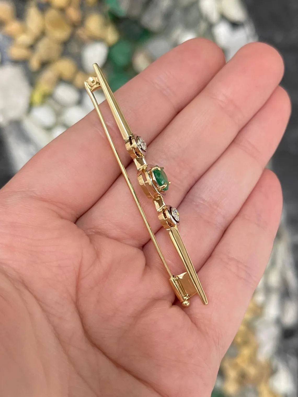 1.65tcw Natural Emerald Diamond Vintage Three Stone Antique Brooch Pin - Elegant Jewelry for Weddings, Parties & Special Occasions