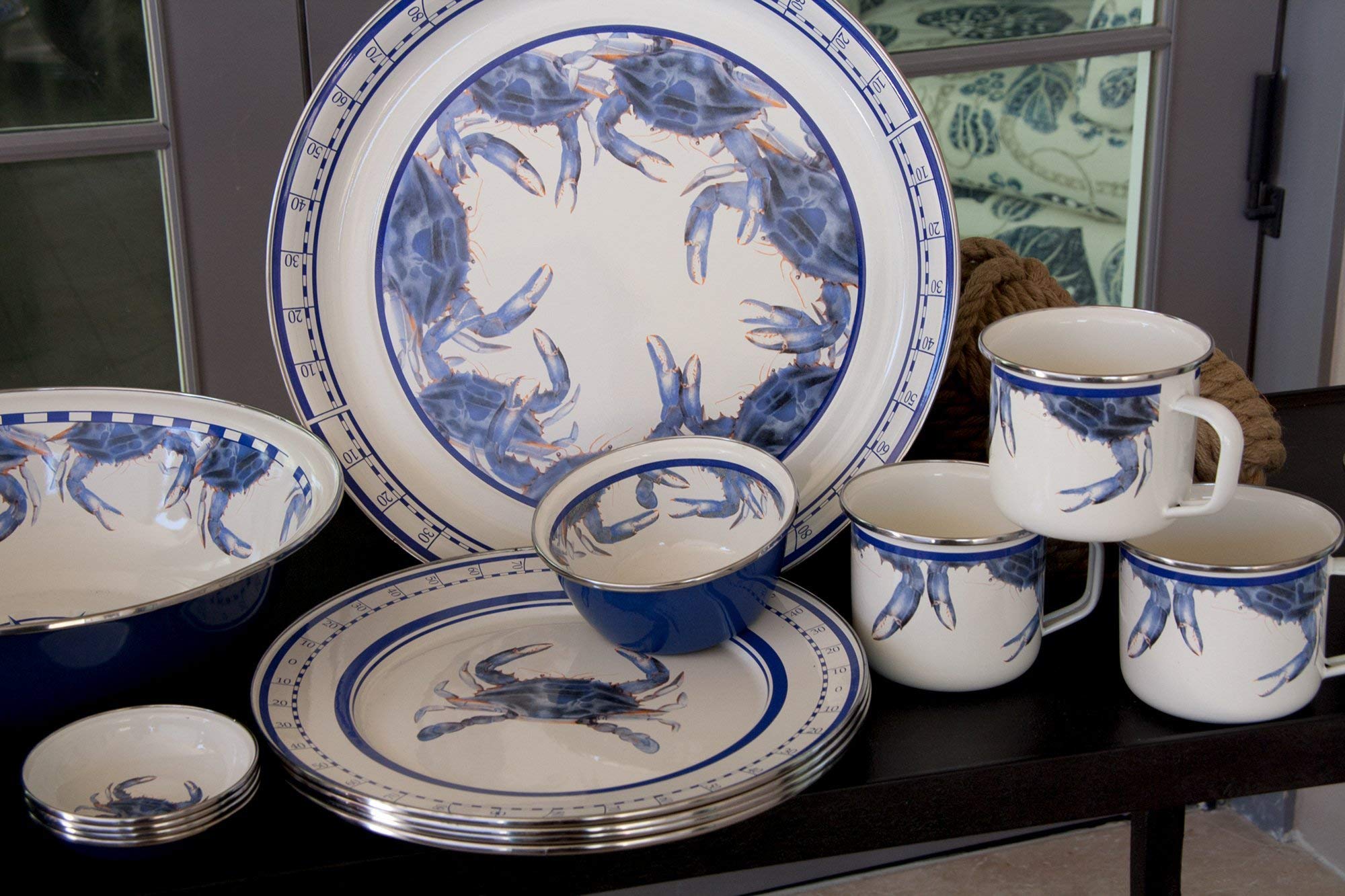 Golden Rabbit Enamelware Dinner Plates Set of 4 - 10.5 Inch Blue Crab Design Plates for Outdoor Picnics, Camping & Rustic Kitchen Decor
