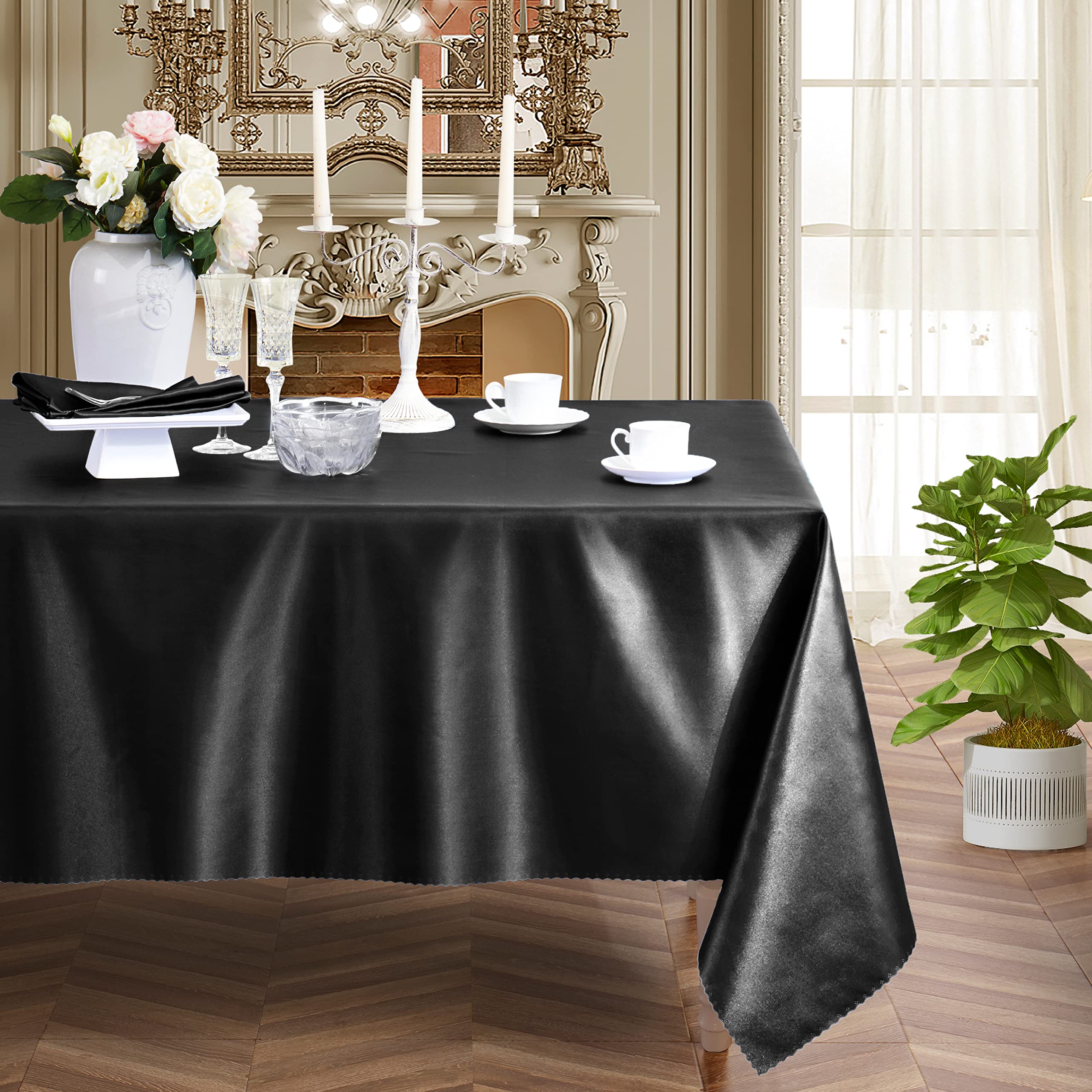Premium 6-Piece Satin Tablecloth Set - 60 x 102 Inch Long Rectangle Black Table Cover for Wedding, Party, Banquet & Restaurant - Smooth Silky Table Overlay for Elegant Dining & Special Events