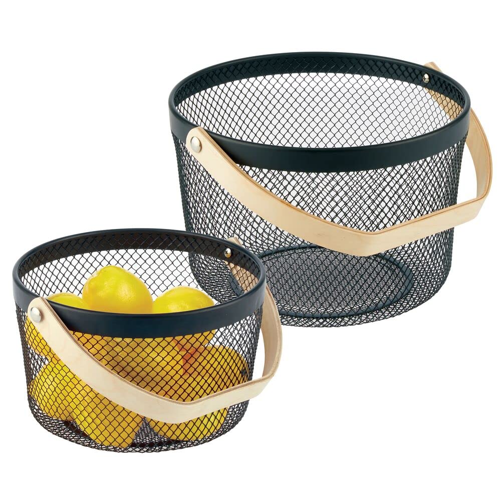 Farmhouse Metal Storage Basket with Wood Handles - Set of 2 Black Organizer Bins for Bathroom, Office, Entryway, Closet & Home Organization - Perfect for Toys, Towels, Laundry & Nursery Storage