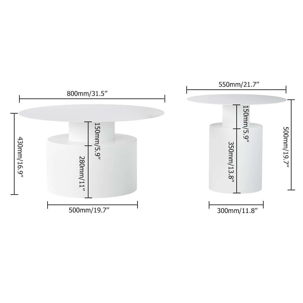 Modern White Round Coffee Table Set of 2 - Metal Accent Tables for Living Room, Lounge & Office - Stylish Side Tables with Sturdy Metal Base for Home Decor
