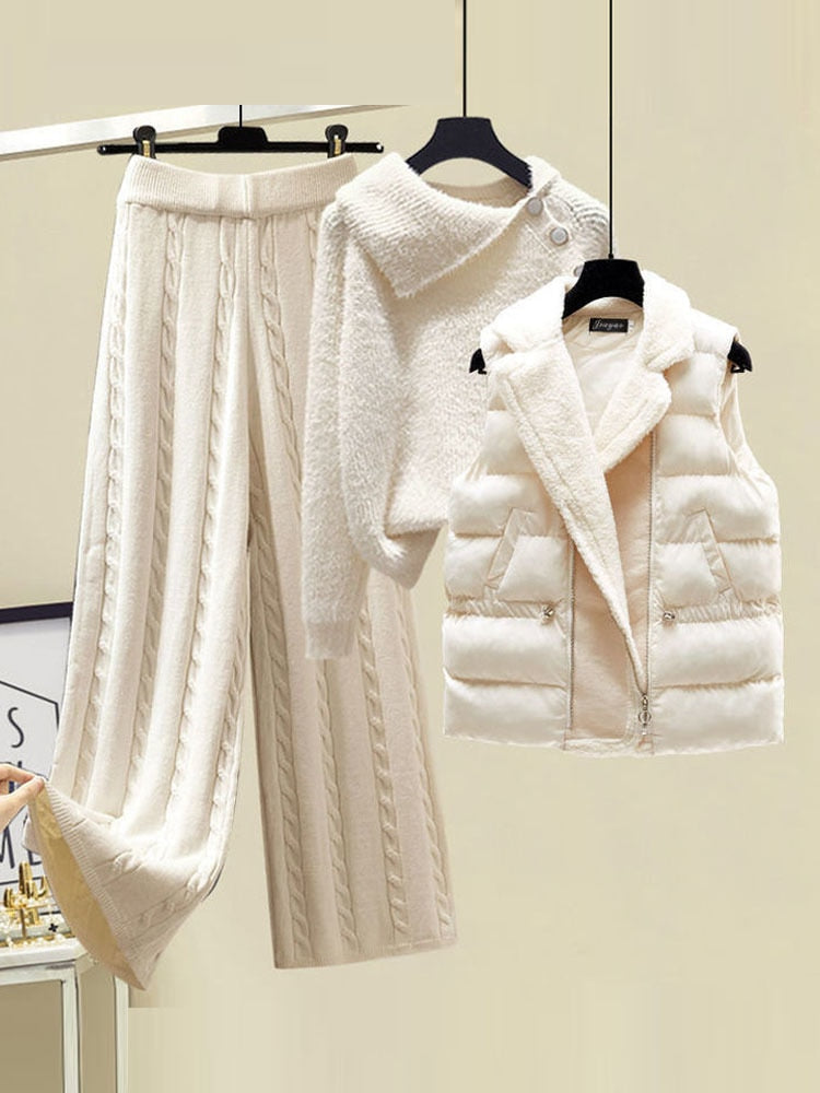 2024 Winter Warm 3-Piece Knit Outfit Set for Women - Cozy Knitted Sweater, Soft Lamb Wool Vest & Stylish Wide-Leg Twist Pants | Perfect for Casual Wear, Office Outfits & Winter Fashion