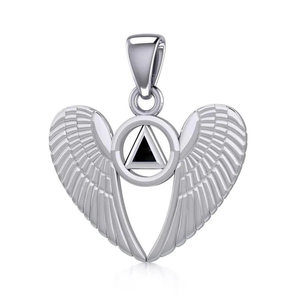 Angel Wings Sterling Silver Pendant with Inlaid Recovery Symbol - Elegant Jewelry for Healing & Inspiration - Perfect for Gifts, Recovery Milestones & Spiritual Wear