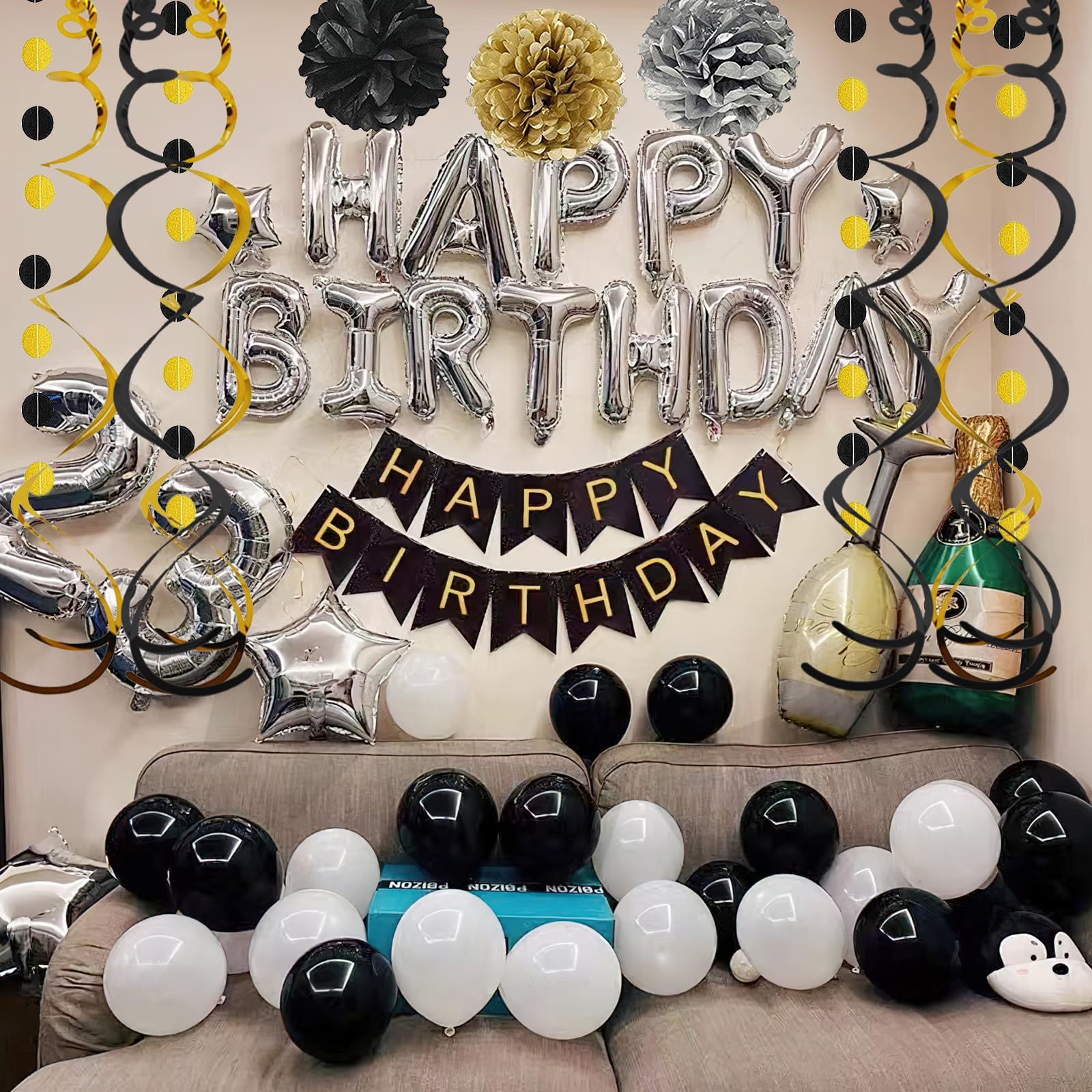Black Gold Birthday Decorations Set - Happy Birthday Banner with Pom Poms, Triangle Bunting Garland & Swirl Streamers for Men's Party Supplies | Perfect for Adult Birthday Parties, Anniversary Celebrations & Gender Reveal Events