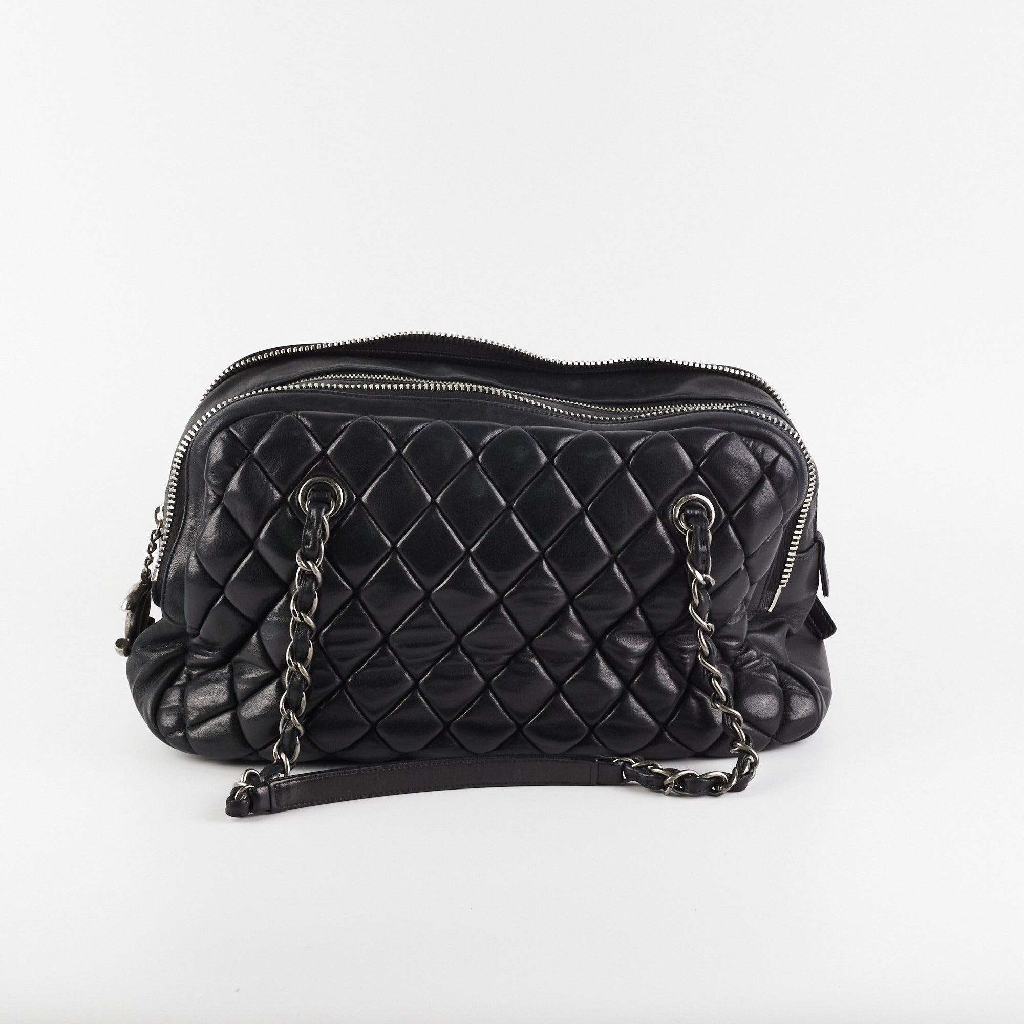 Chanel Quilted Leather Bowling Bag - Classic Black Designer Handbag for Women | Perfect for Work, Travel & Evening Events