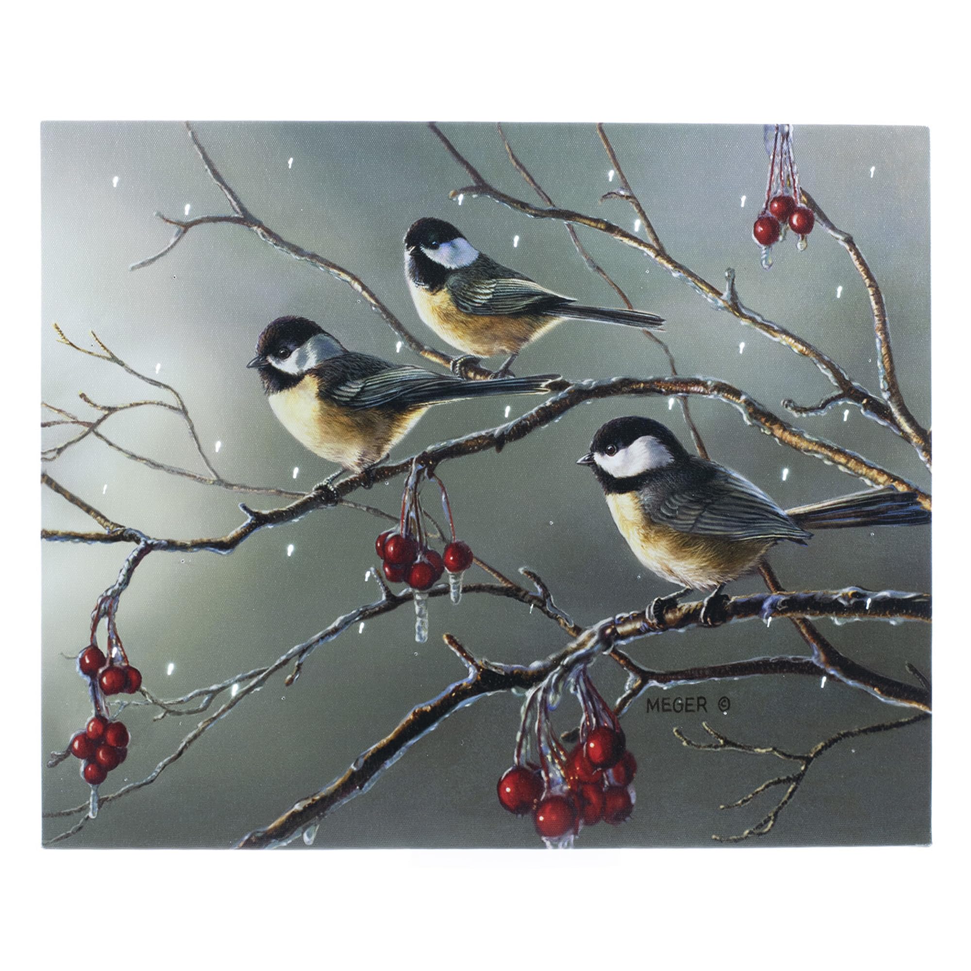 Oak Street Lighted 17x14 Inch Canvas Wall Art with Timer - Winter Chickadees Bird Painting for Living Room, Bedroom & Office Decor