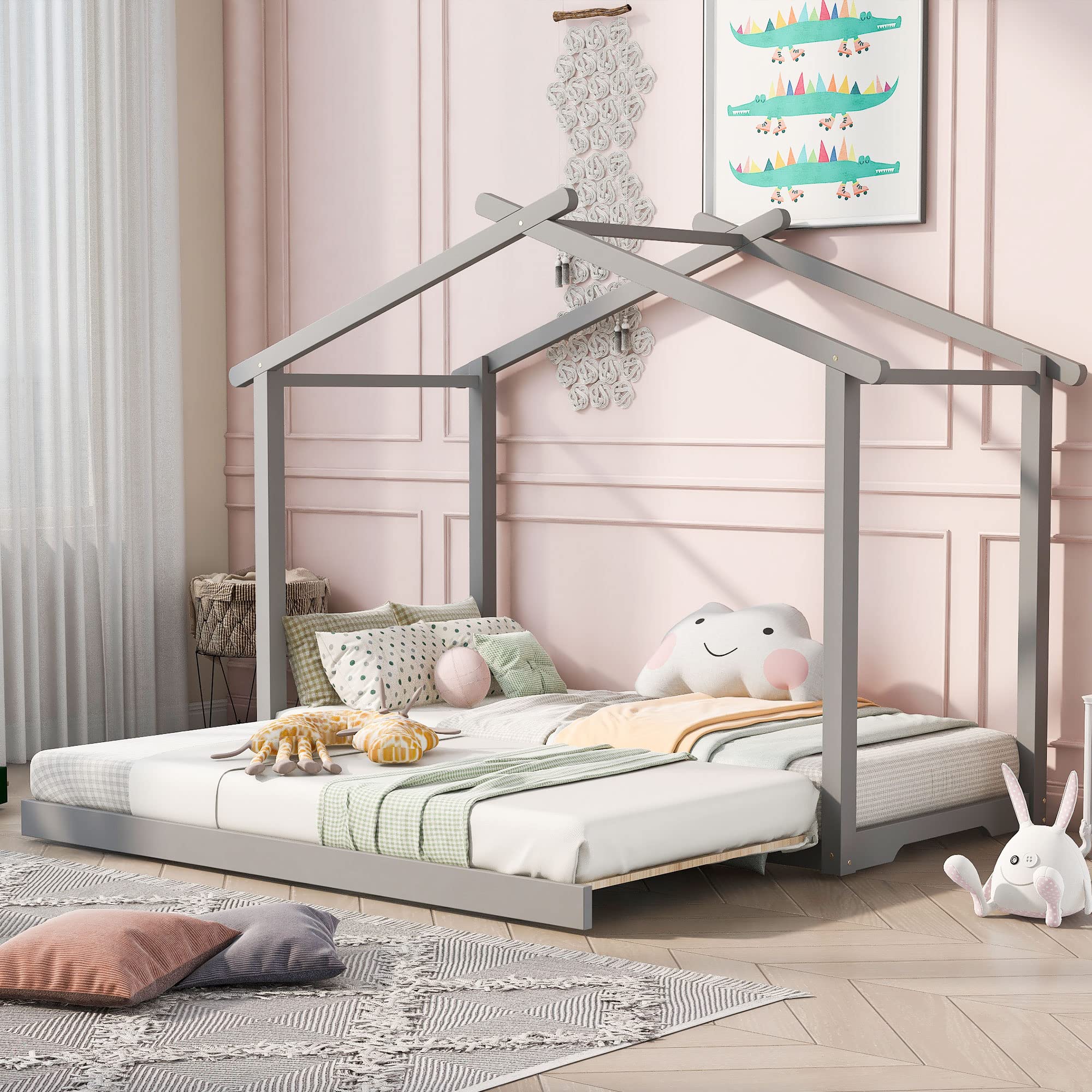 RUNNA Solid Wood Daybed Twin to King Size Convertible Bed with Trundle - House Shaped Platform Bed for Kids & Adults - Includes Wood Slats & Floor Bed Tent - Perfect for Bedroom, Living Room, Guest Room (Gray+Wood+King) - Great for Sleepovers, Playtime & Space Saving