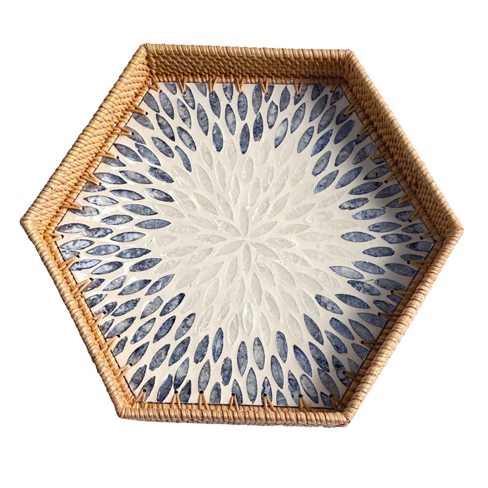 Hexagon Rattan Serving Tray - Natural Woven Storage Basket for Coffee Table Decor, Snacks, Fruits & Drinks | Perfect for Home Entertaining, Kitchen Organization & Farmhouse Style Decor