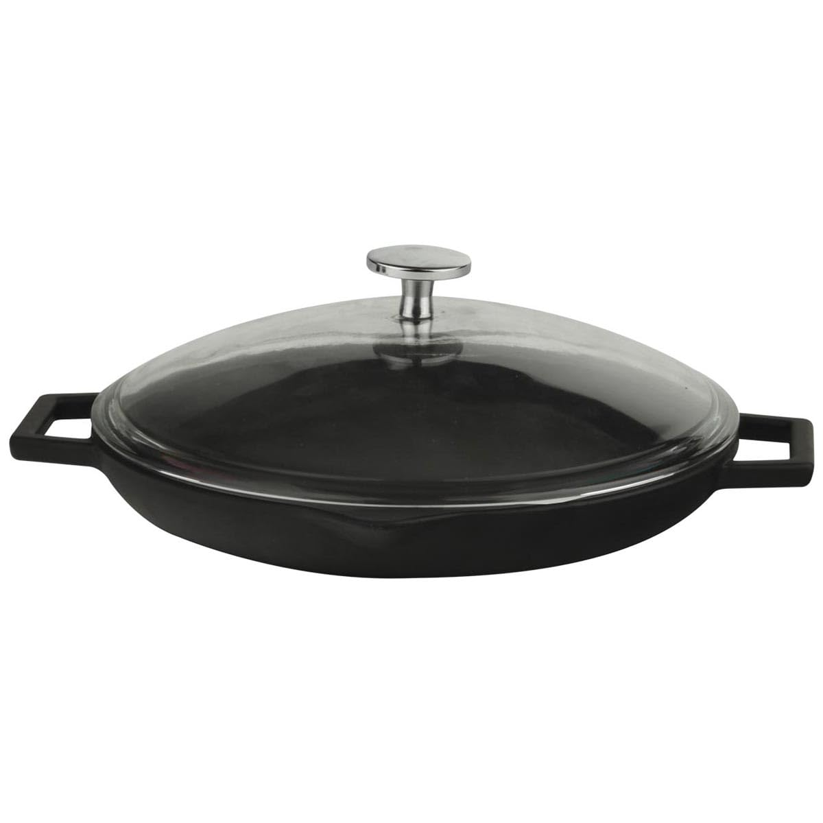 Lava Cookware LV Eco TV 30 K3/Metal Cast Iron Grill Pan - 30cm Diameter with Integral Handles & Glass Lid - Black - Perfect for Indoor/Outdoor Grilling, BBQ, Camping & Stovetop Cooking