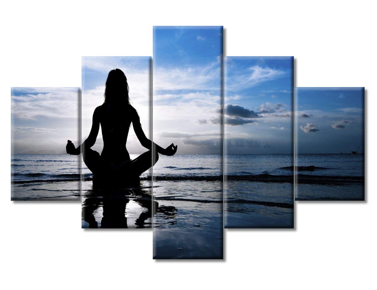5-Panel Large Yoga Wall Art Canvas Print - Seascape with Girl Practicing Yoga by the Ocean - Modern Framed & Stretched Landscape Painting (60