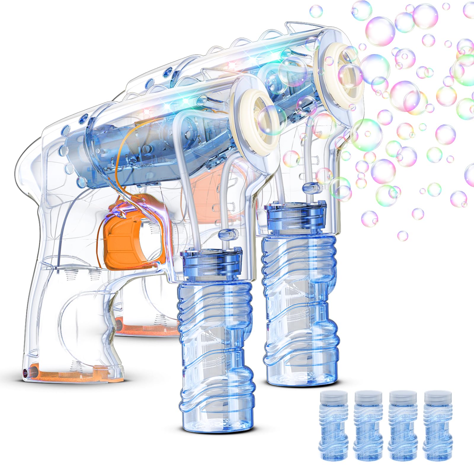 Kid Odyssey 2 Pack Bubble Blaster Gun with 4 Refill Bottles & Multicolor LED Lights - Fun Bubble Machine for Kids Birthday Parties, Outdoor Play, Summer Activities - Perfect Gift for Toddlers Boys Girls