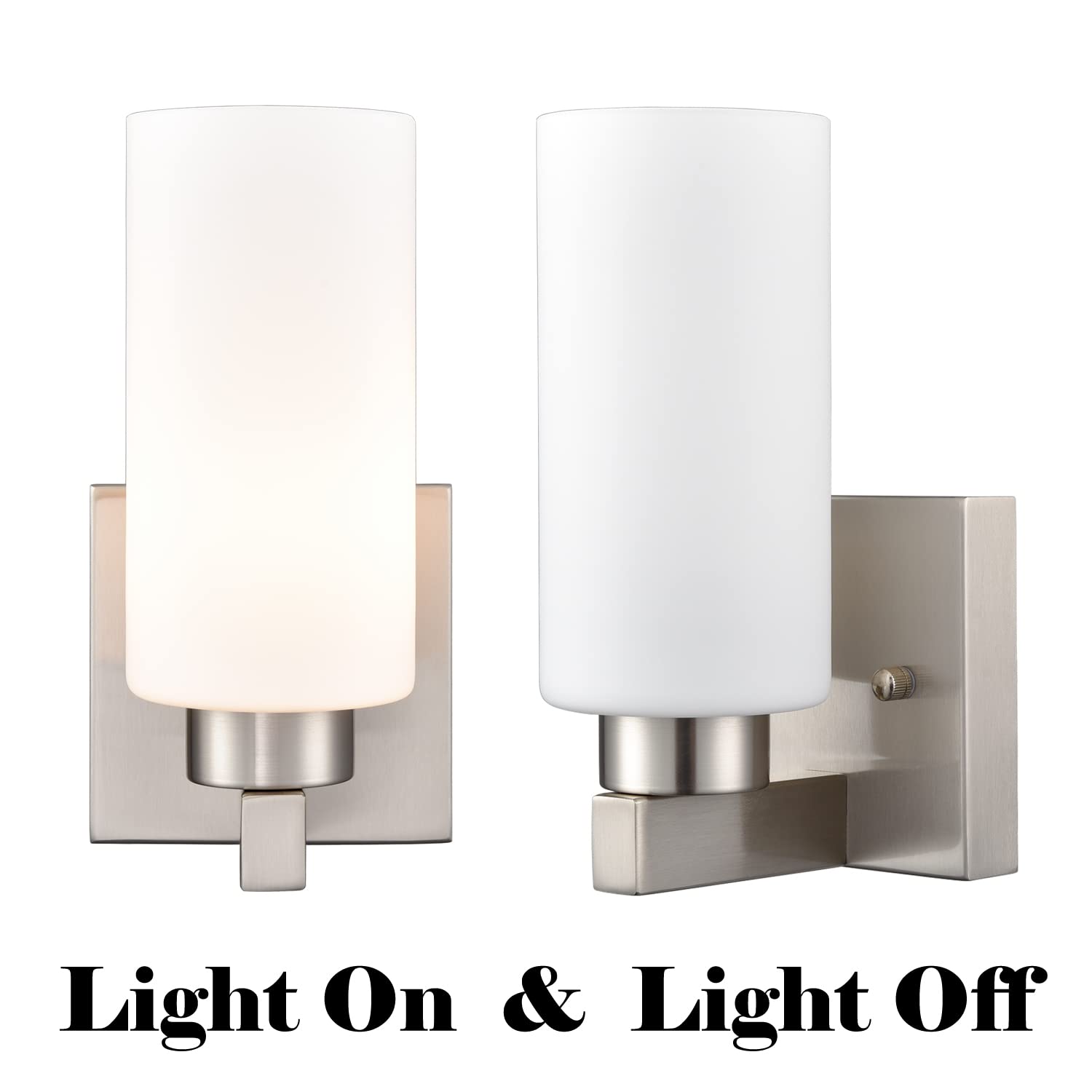 Modern Brushed Nickel Wall Sconces Set of 2 - Bathroom Vanity Lights with Milky White Cylinder Glass Shades for Bedroom, Hallway & Living Room Lighting Decor