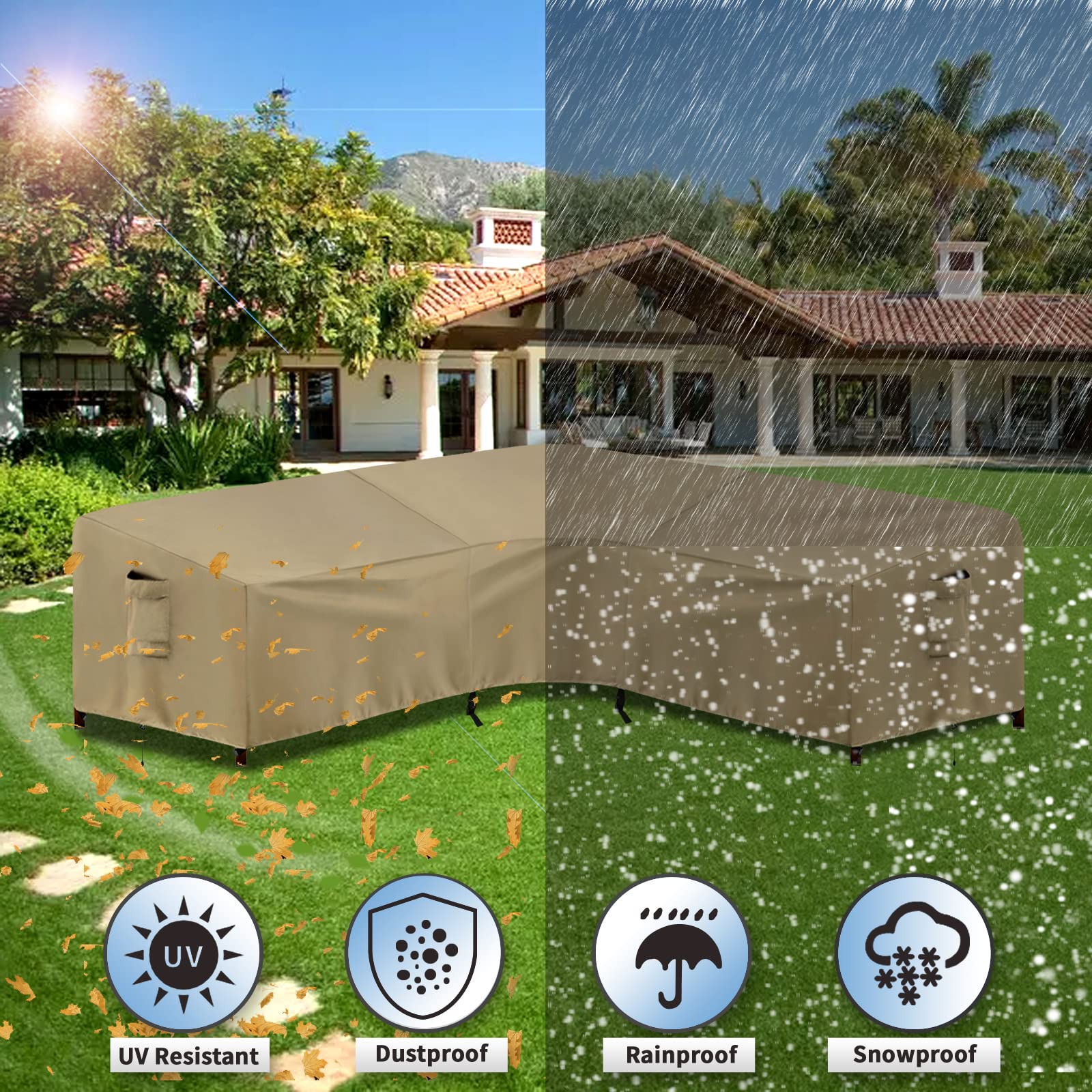 PureFit Outdoor Sectional Sofa Cover - Waterproof V-Shaped Patio Furniture Protector for Deck, Lawn & Backyard - 100”x100” Camel - Perfect for Rain, Sun & Snow Protection