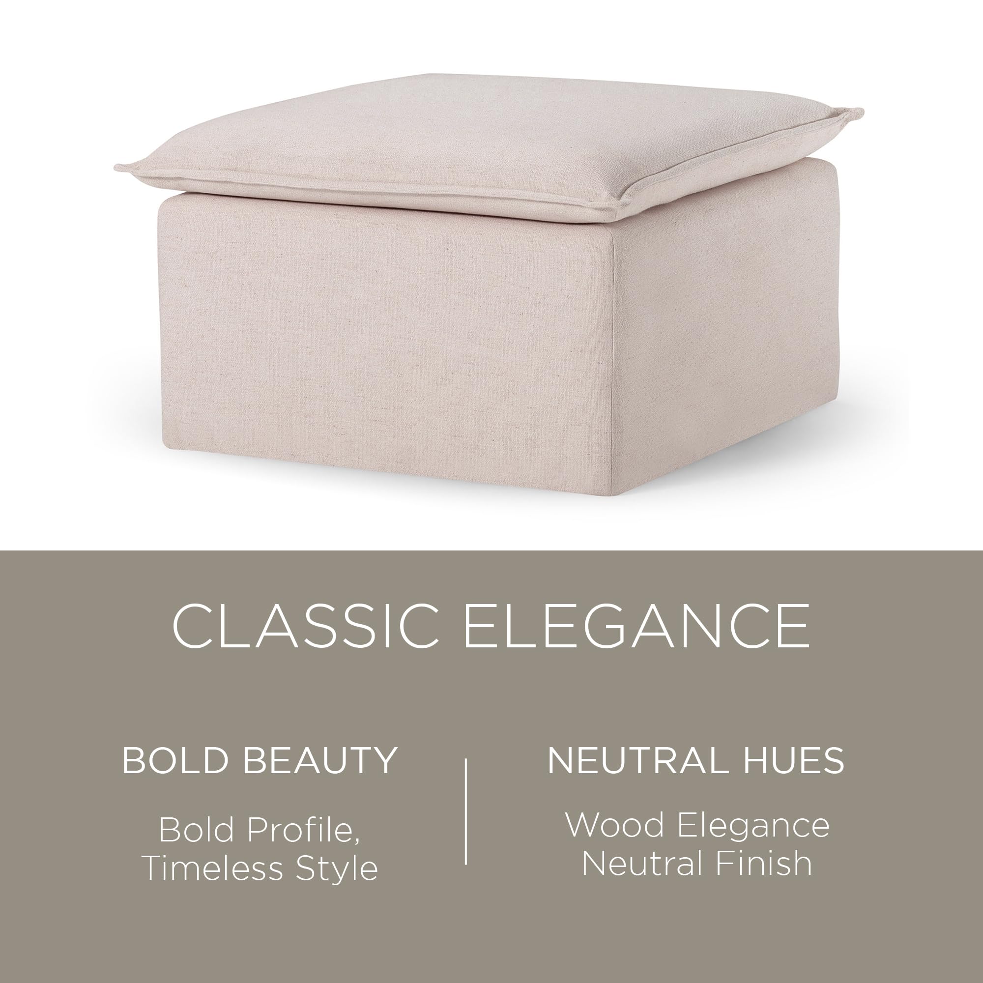 Premium Maven Lane Claude Large Square Rustic Upholstered Ottoman - Cream Fabric Footrest for Living Room, Bedroom & Dorm | Versatile Seating & Storage Solution for Sofa, Chair or Coffee Table Decor