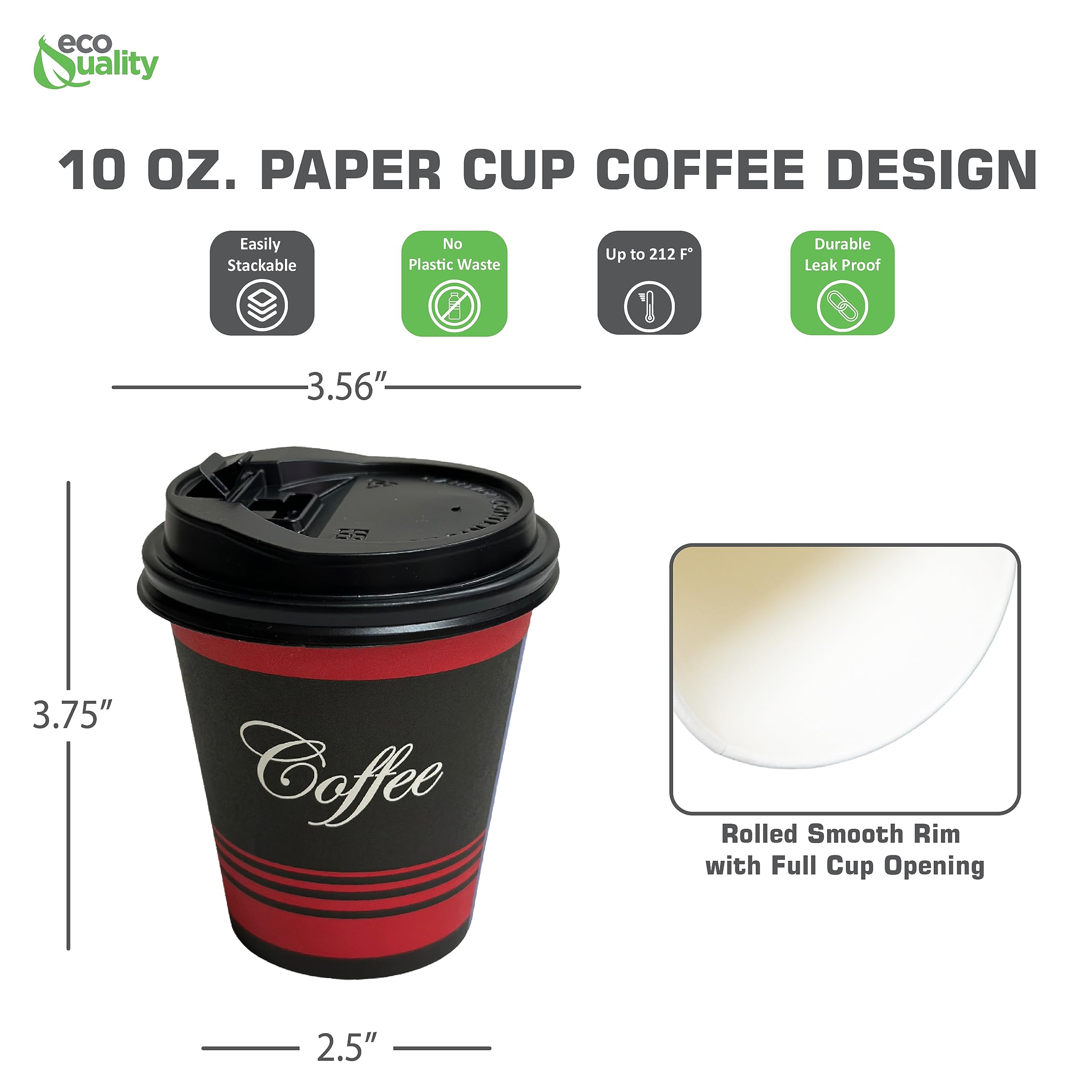 EcoQuality 10oz Disposable Paper Coffee Cups with Black Dome Lids - Compostable & Biodegradable Hot/Cold Drink Cups for Coffee, Tea, Cocoa - Perfect for Travel, Office, Home, Cafes & Takeout (Pack of 1000)