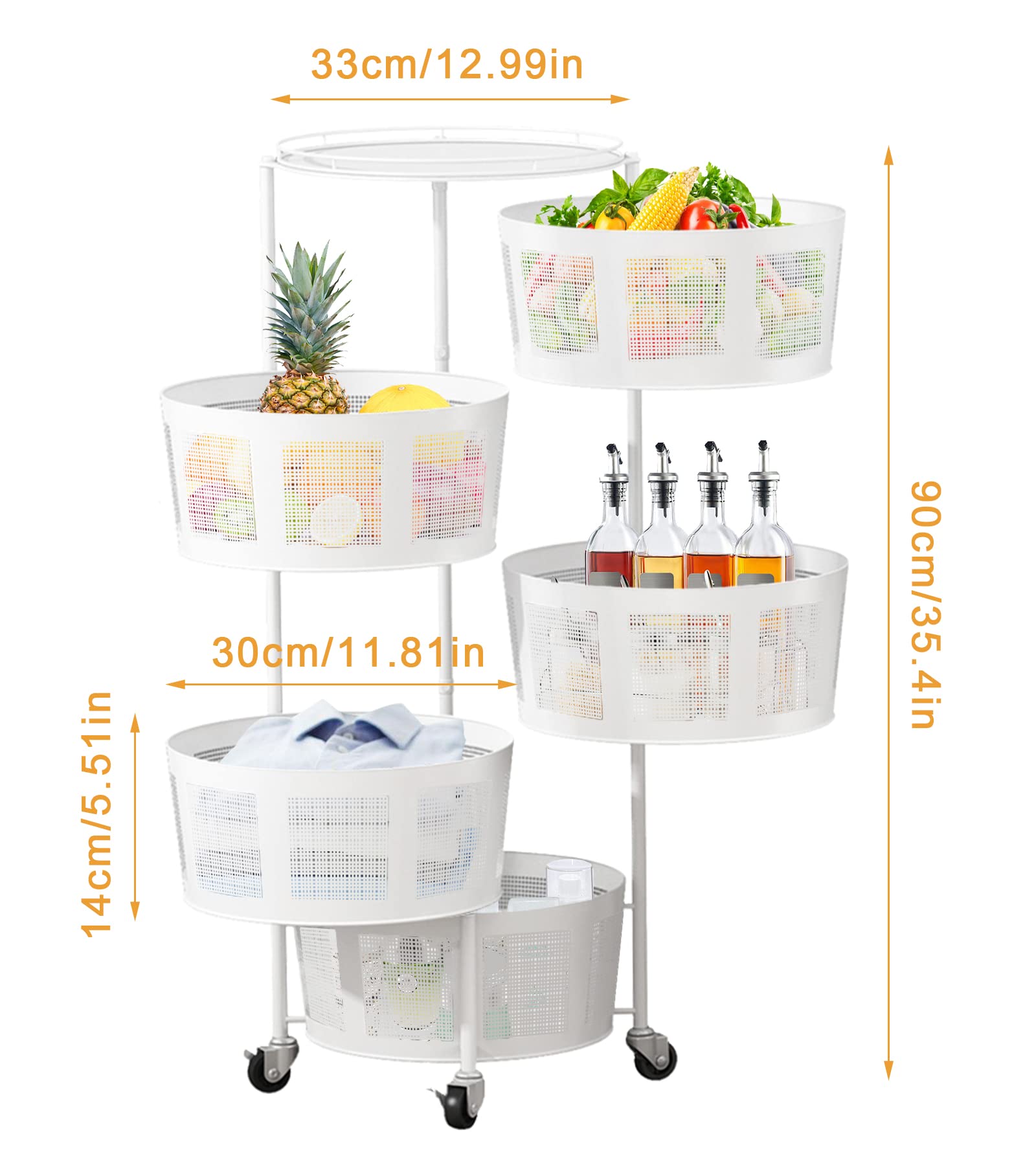 5-Tier Rotating Storage Rack with Metal Shelves - Kitchen Organizer for Fruits, Vegetables & Snacks | Space-Saving Rolling Cart for Pantry, Bathroom & Bedroom Organization | White