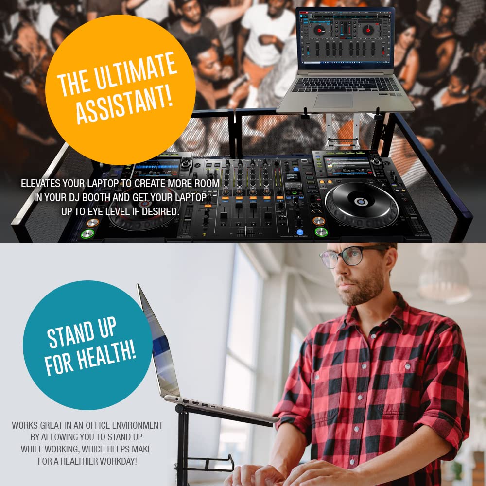 AXA AXCESSABLES DJ Laptop Stand with Travel Bag - Portable Foldable Aluminum Laptop Riser for 15-inch Laptops up to 20lbs, No Assembly Required - Perfect for DJs, Travel, Office & Home Workspace